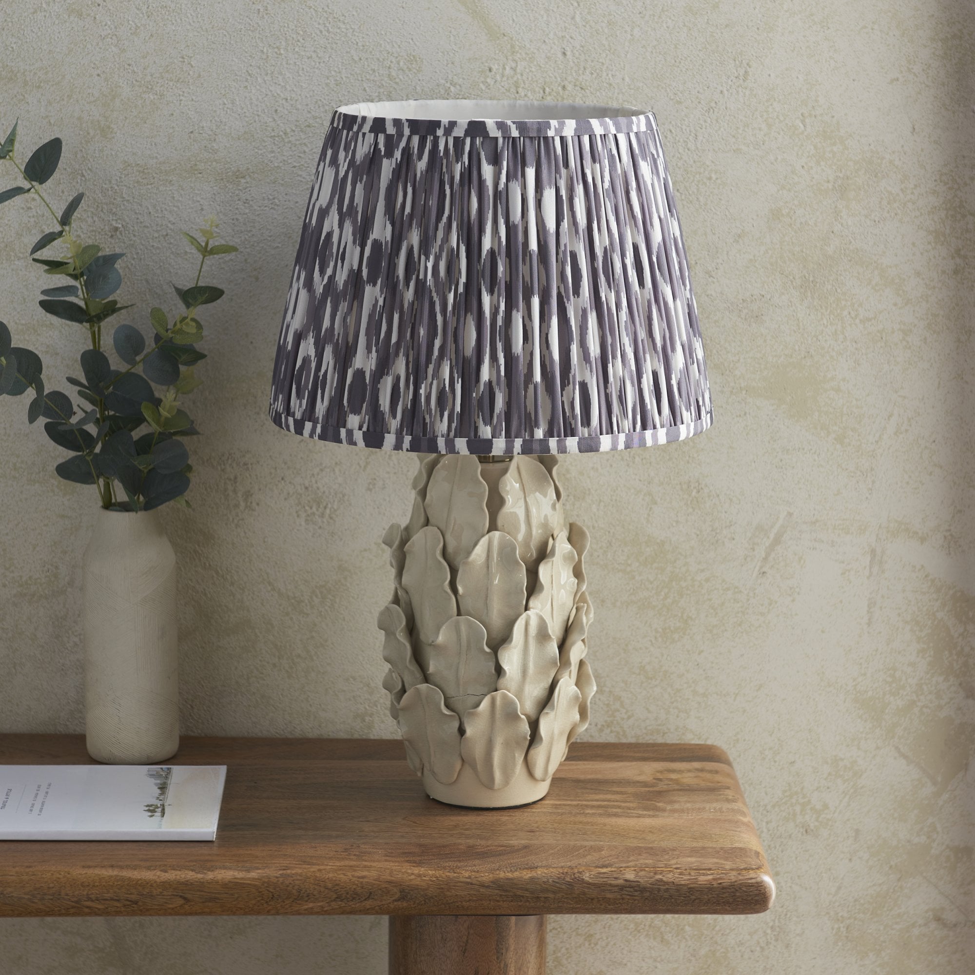 Endon Layered Leaf Ivory Crackle Glaze Ceramic Table Lamp & Ikat 35cm Pearl Grey Shade