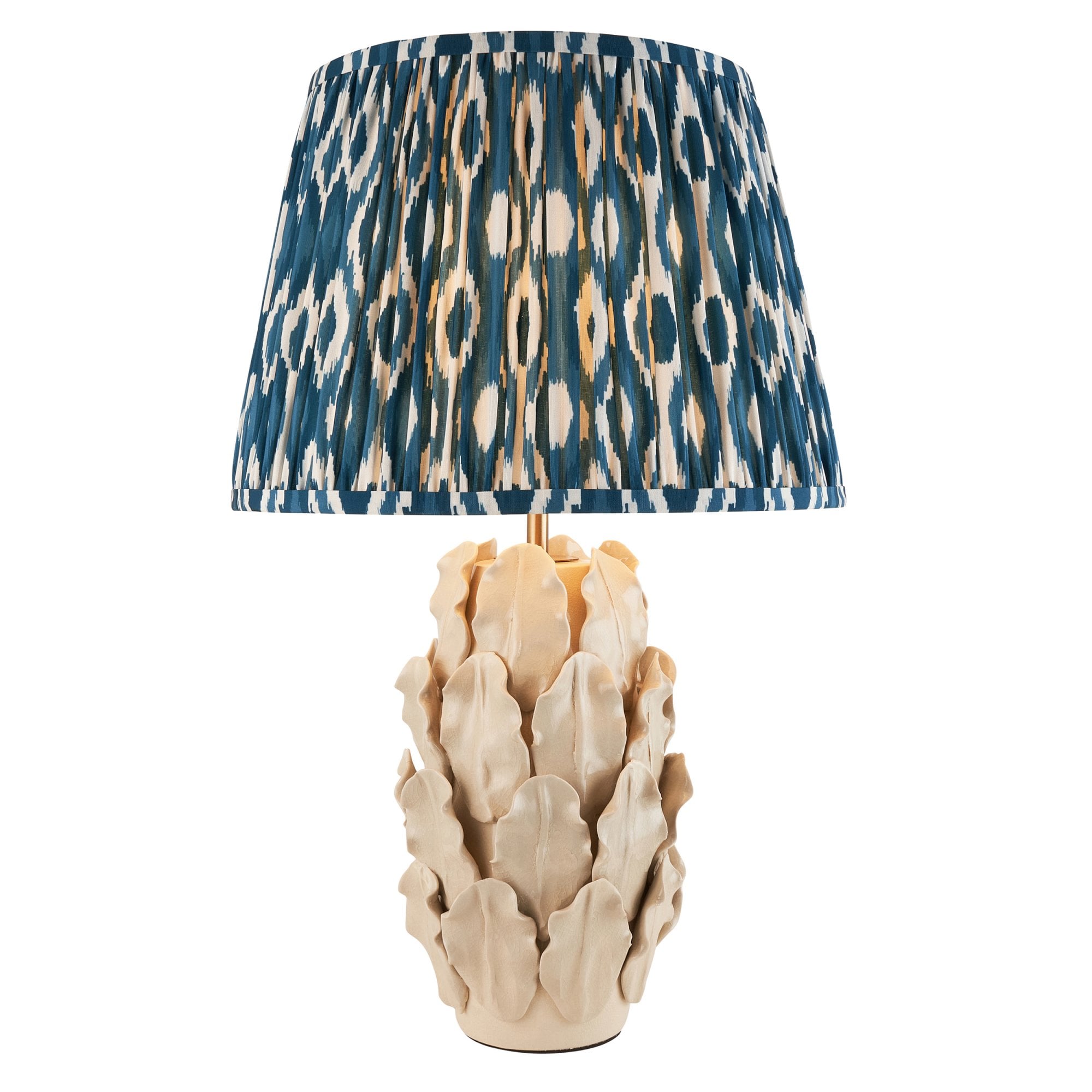 Endon Layered Leaf Ivory Crackle Glaze Ceramic Table Lamp & Ikat 35cm Marlin Blue Shade