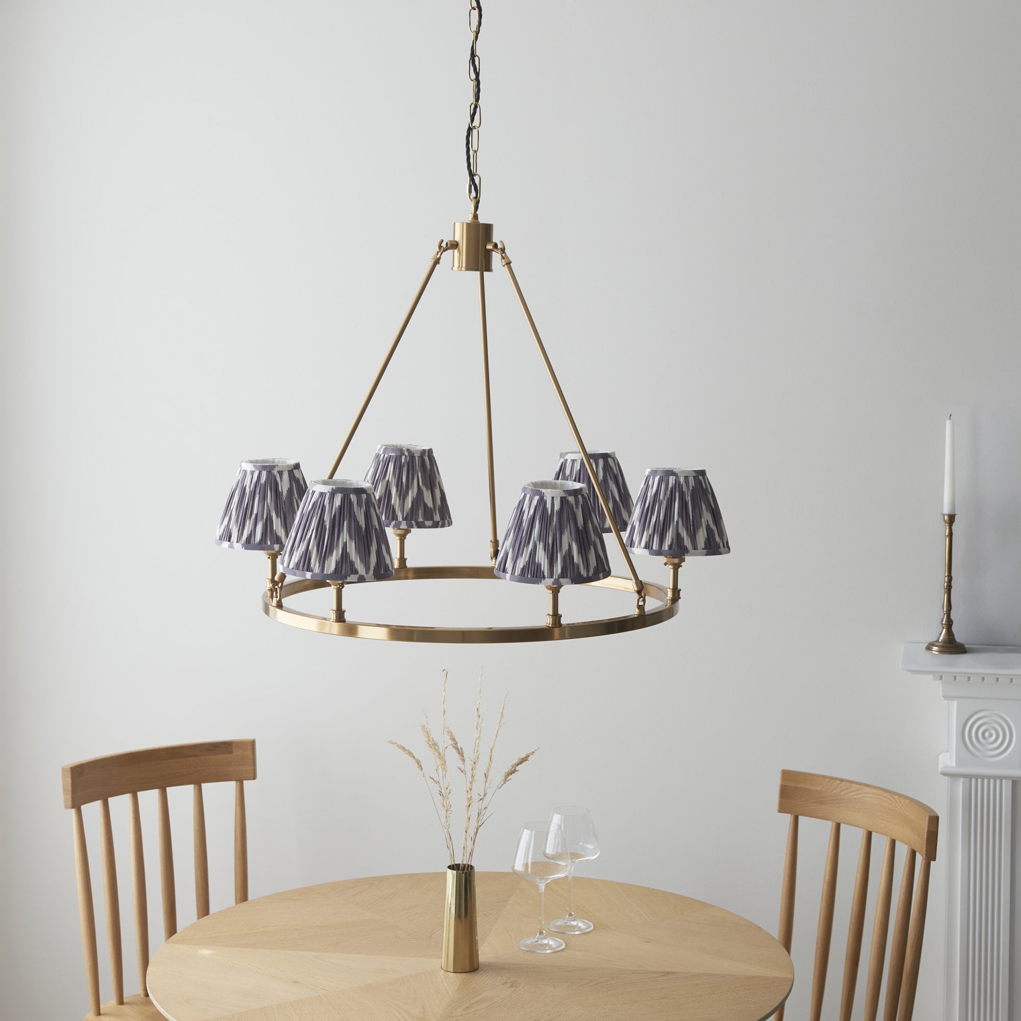 Endon Chester Aged Brass Plate 3 Light Pendant & Zigzag 16cm Pearl Grey Shade