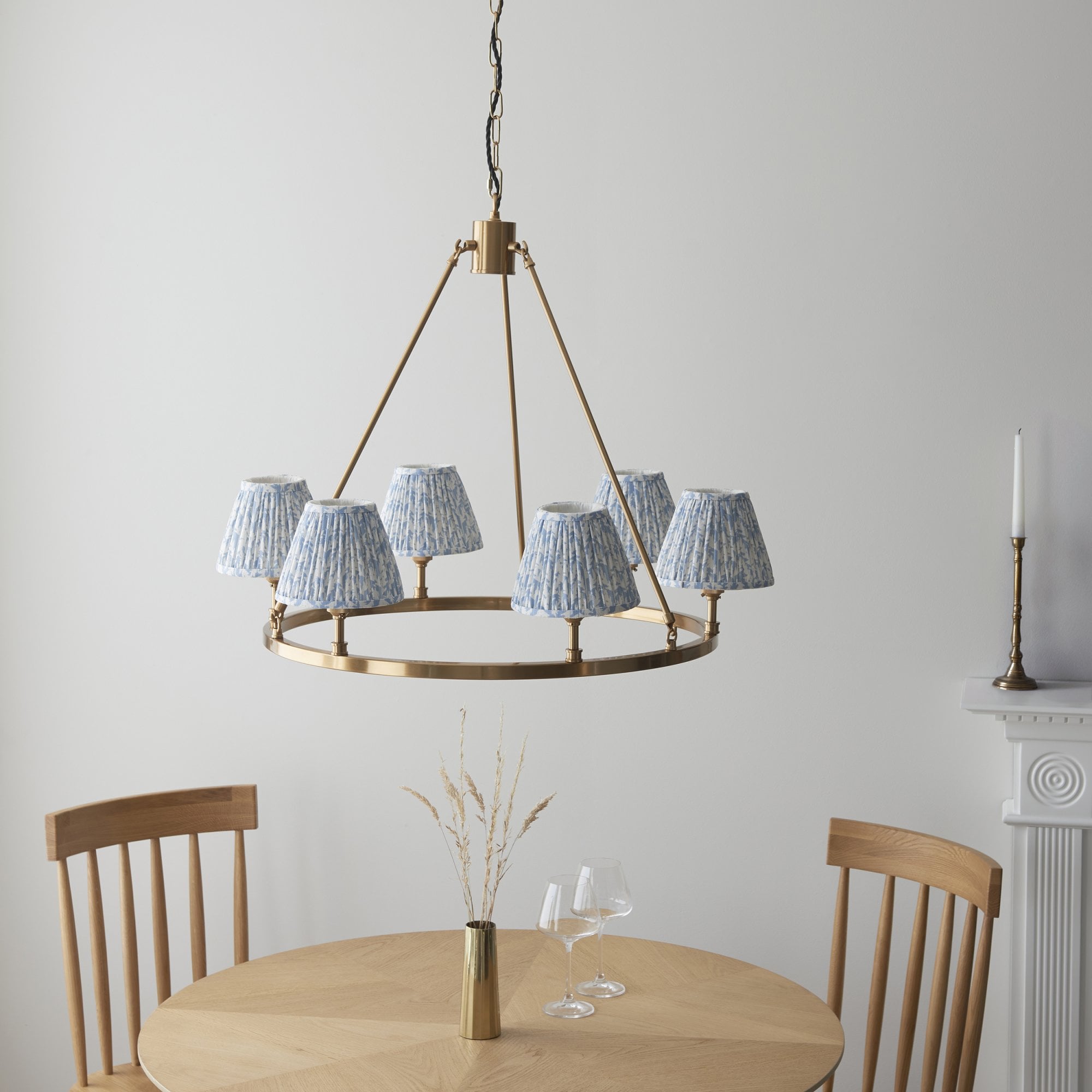 Endon Chester Aged Brass Plate 6 Light Pendant & Leaf 16cm Shell Bay Blue Shade