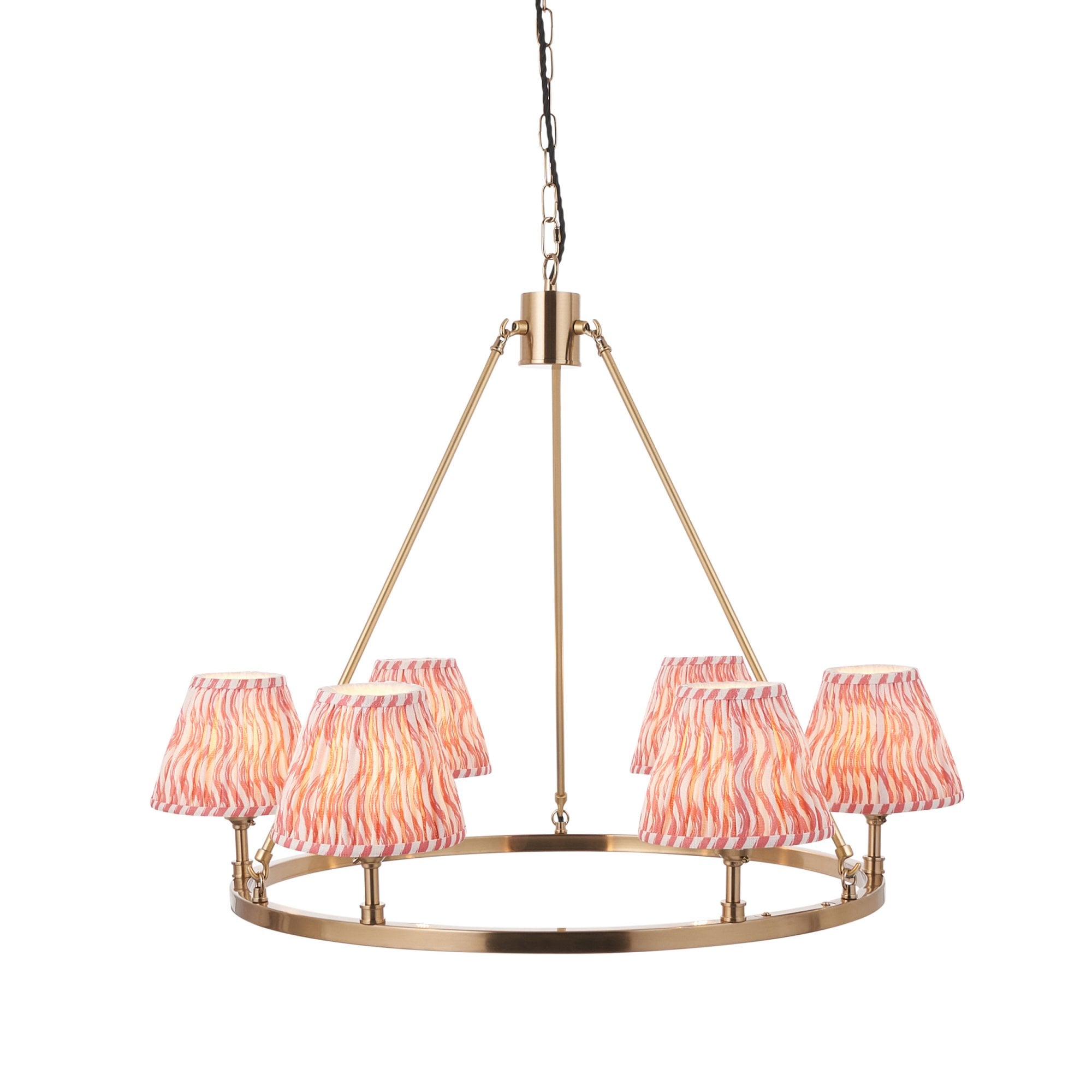 Endon Chester Aged Brass Plate 6 Light Pendant & Ripple 16cm Coral Pink Shade