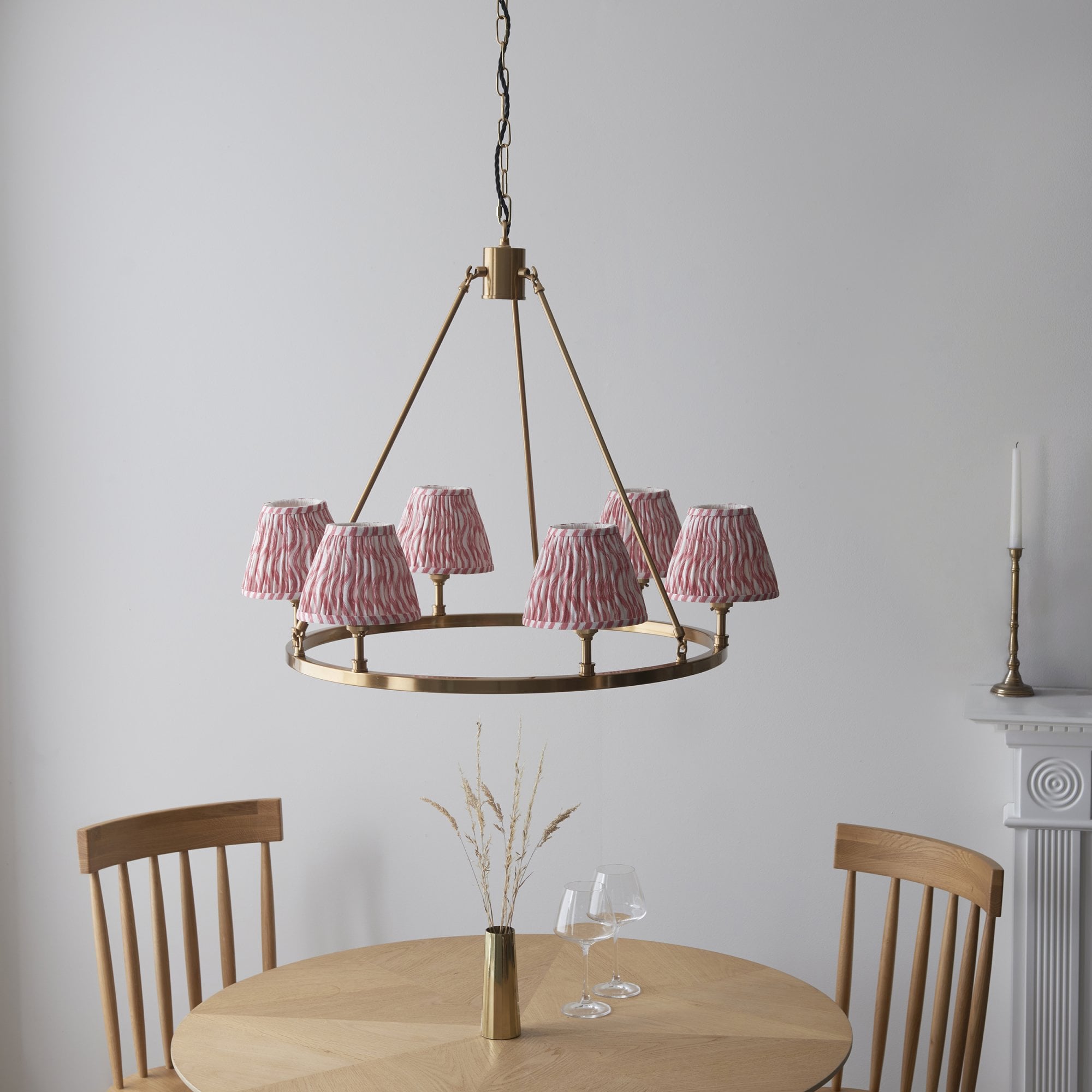 Endon Chester Aged Brass Plate 6 Light Pendant & Ripple 16cm Coral Pink Shade