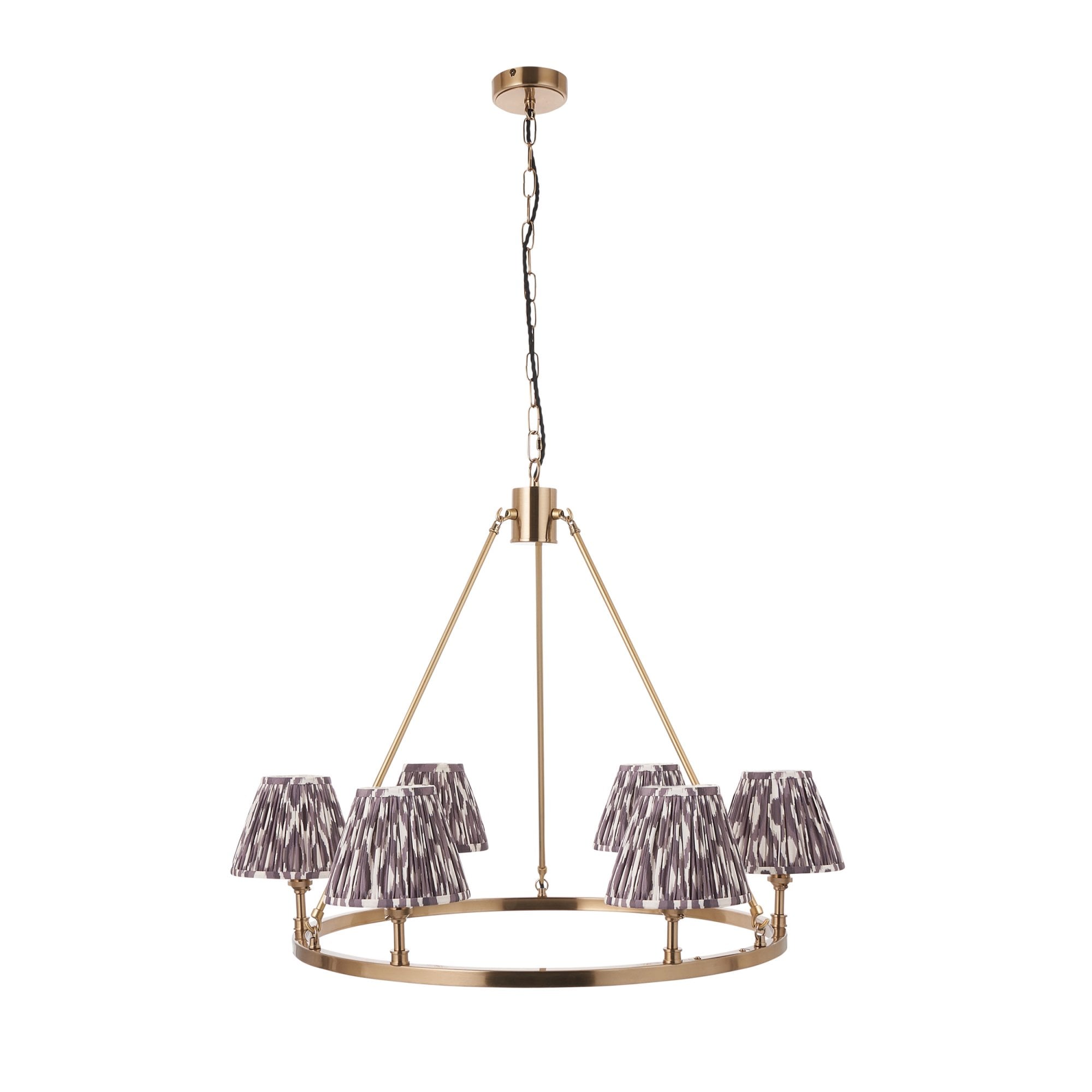 Endon Chester Aged Brass Plate 6 Light Pendant & Ikat 16cm Pearl Grey Shade