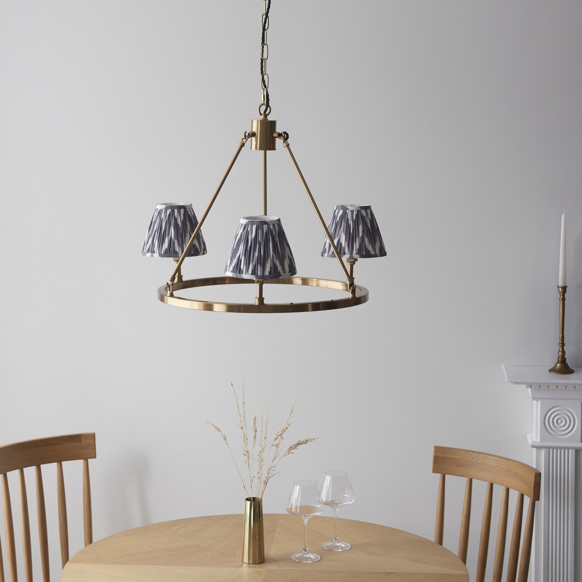 Endon Chester Aged Brass Plate 3 Light Pendant & Zigzag 16cm Pearl Grey Shade