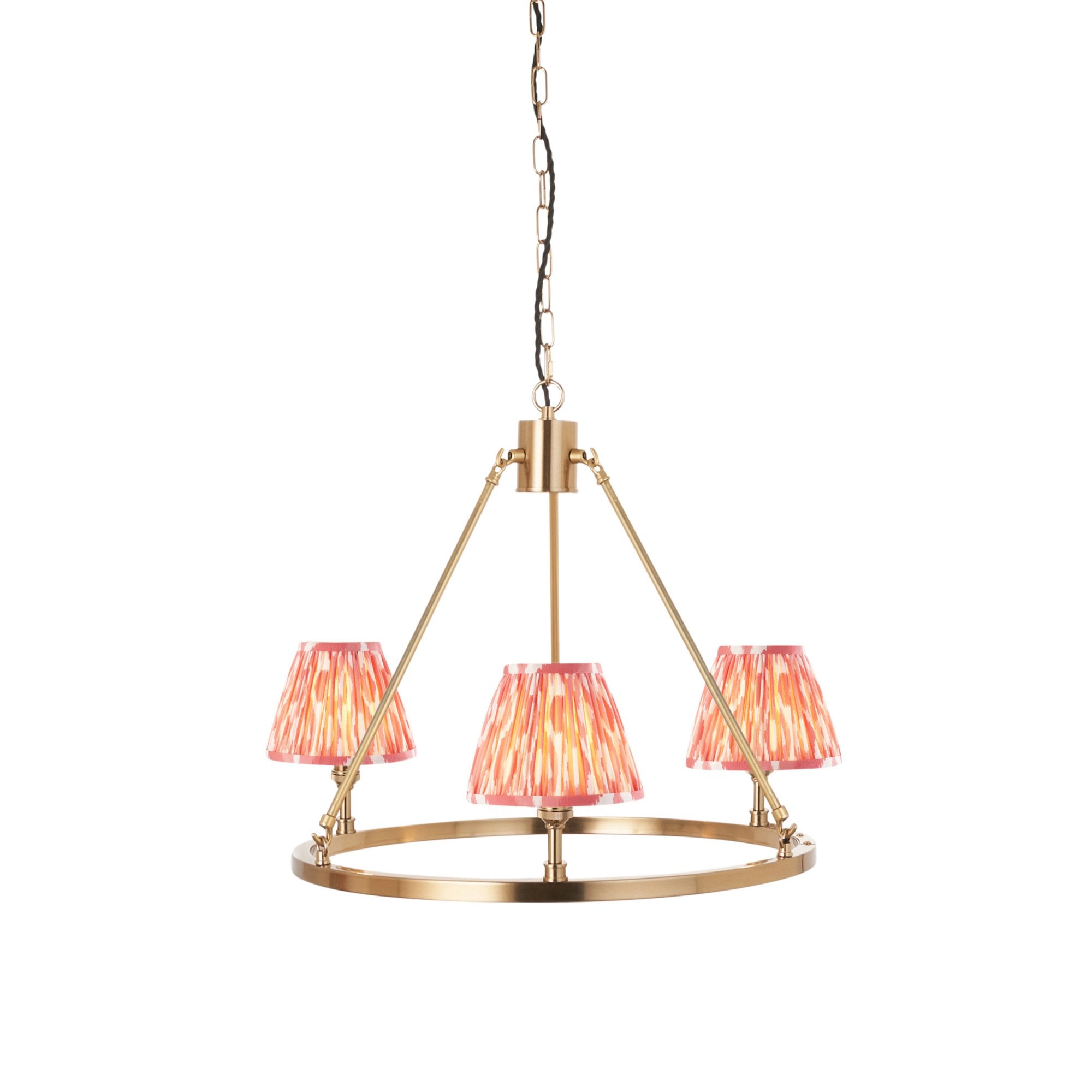 Endon Chester Aged Brass Plate 3 Light Pendant & Ikat 16cm Coral Pink Shade