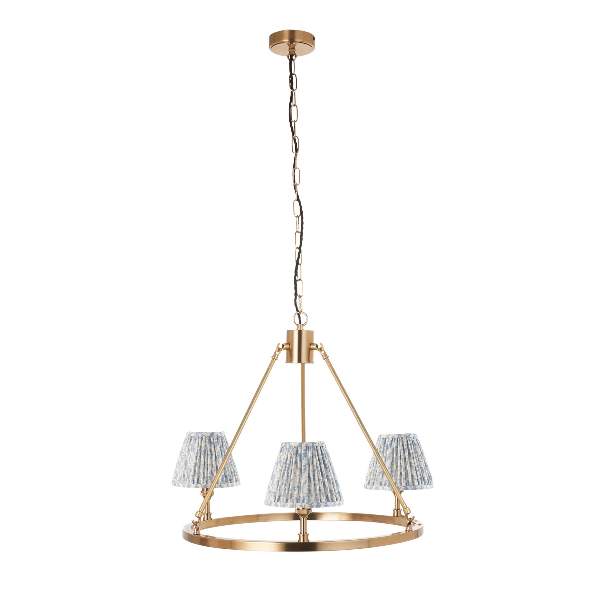 Endon Chester Aged Brass Plate 3 Light Pendant & Leaf 16cm Shell Bay Blue Shade