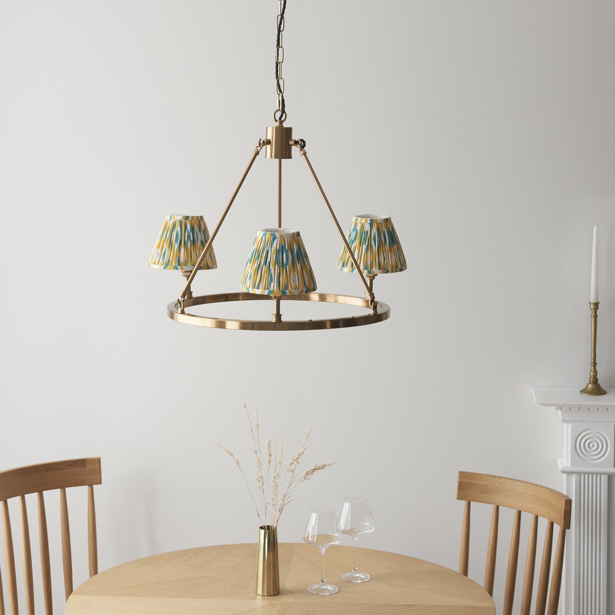 Endon Chester Aged Brass Plate 3 Light Pendant & Ikat 16cm Yellow & Jade Shade