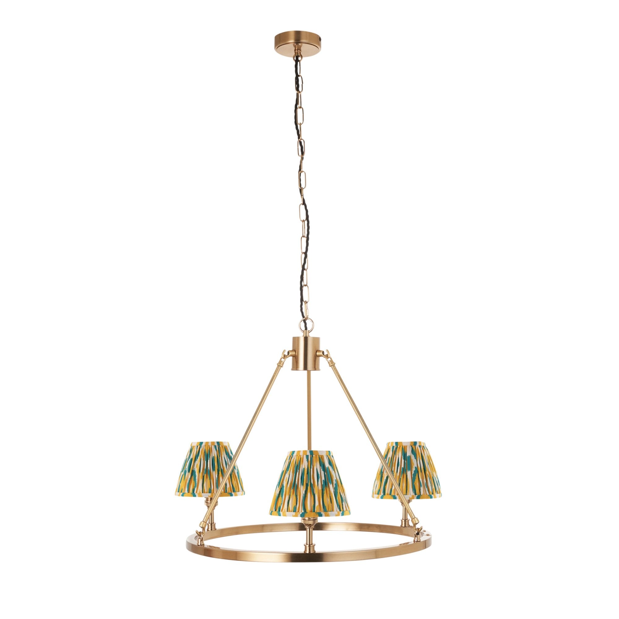 Endon Chester Aged Brass Plate 3 Light Pendant & Ikat 16cm Yellow & Jade Shade