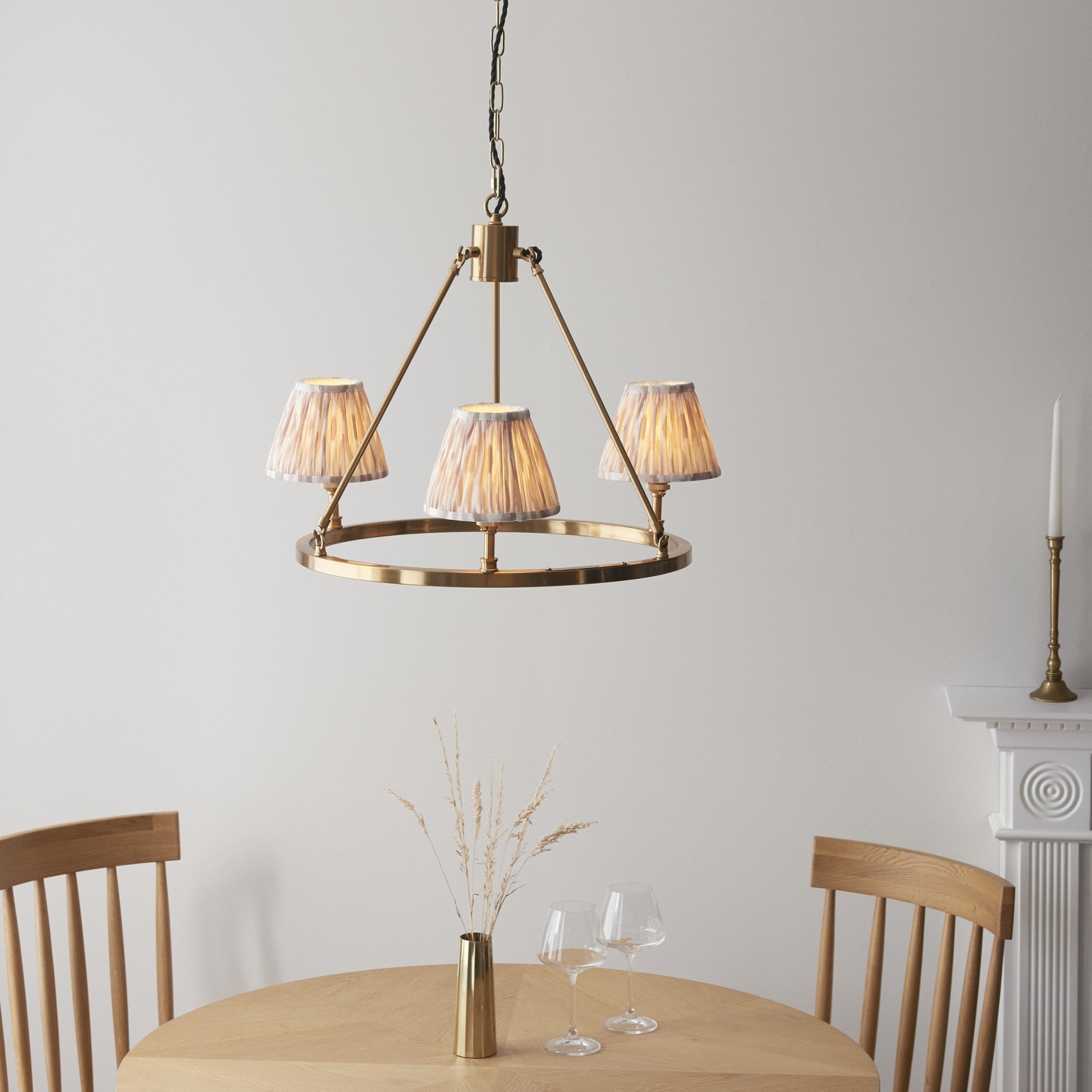Endon Chester Aged Brass Plate 3 Light Pendant & Ikat 16cm Neutral Shade