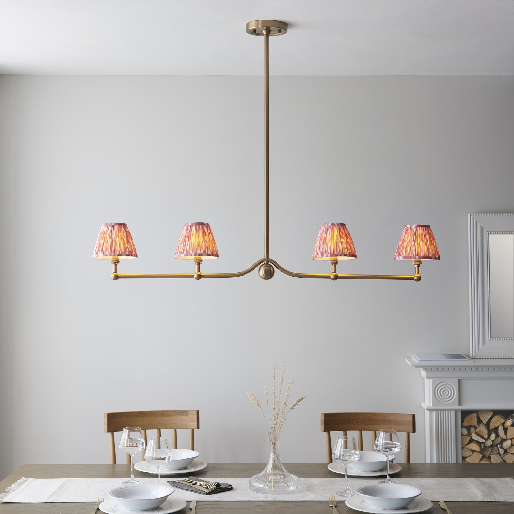 Endon Santiago Linear Brushed Aged Brass 4 Light Pendant & Ikat 16cm Coral Pink Shade