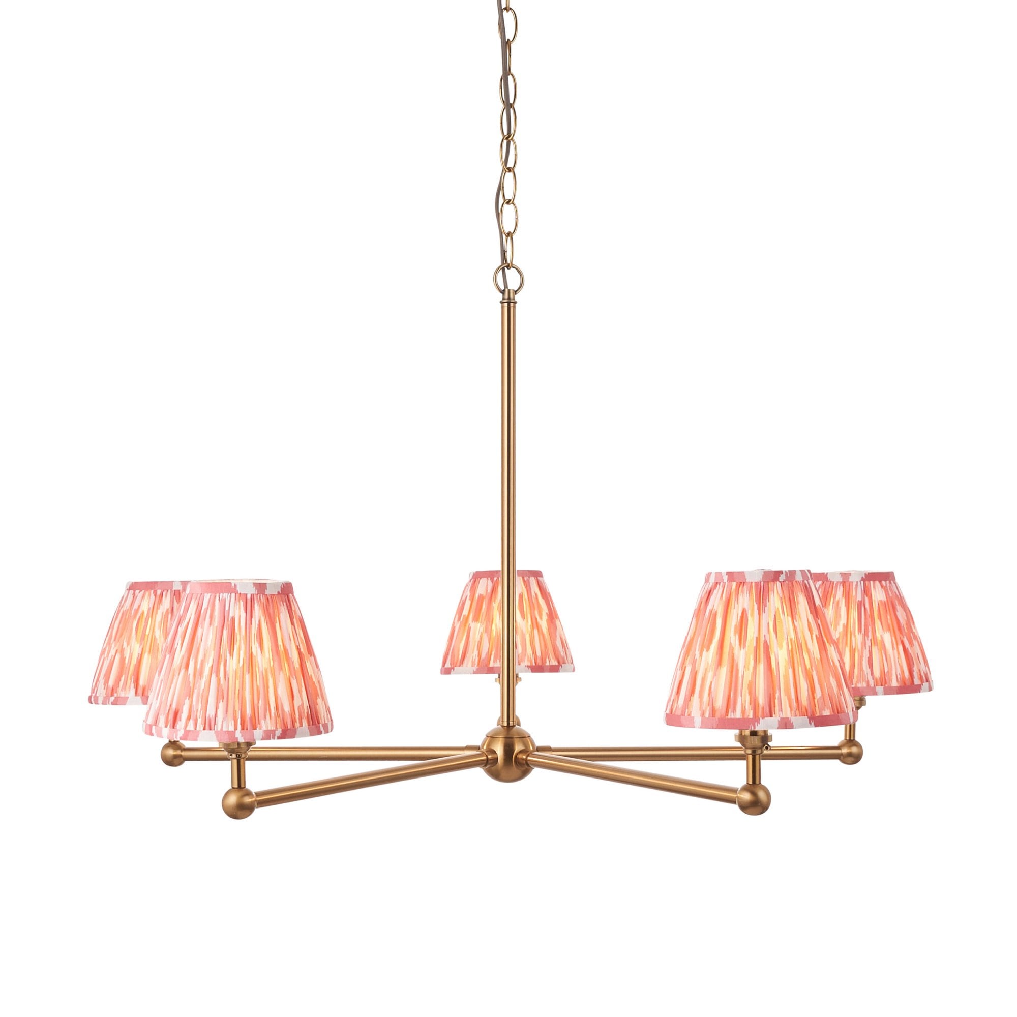 Endon Santiago Brushed Aged Brass 5 Light Pendant & Ikat 16cm Coral Pink Shade