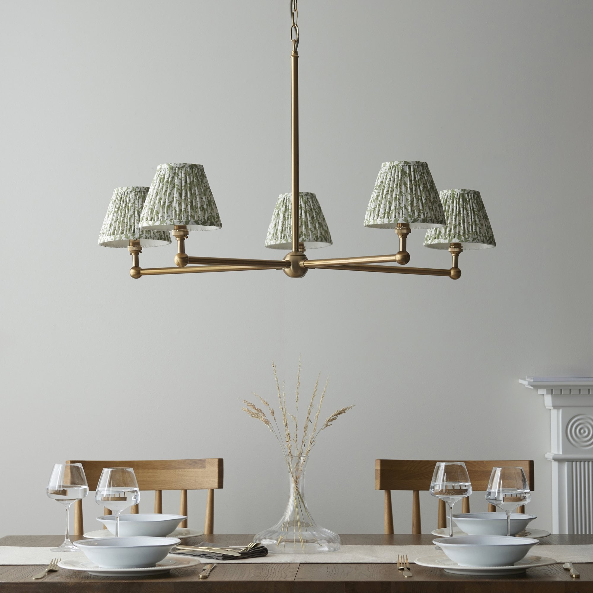 Endon Santiago Brushed Aged Brass 5 Light Pendant & Leaf 16cm Herb Garden Green Shade