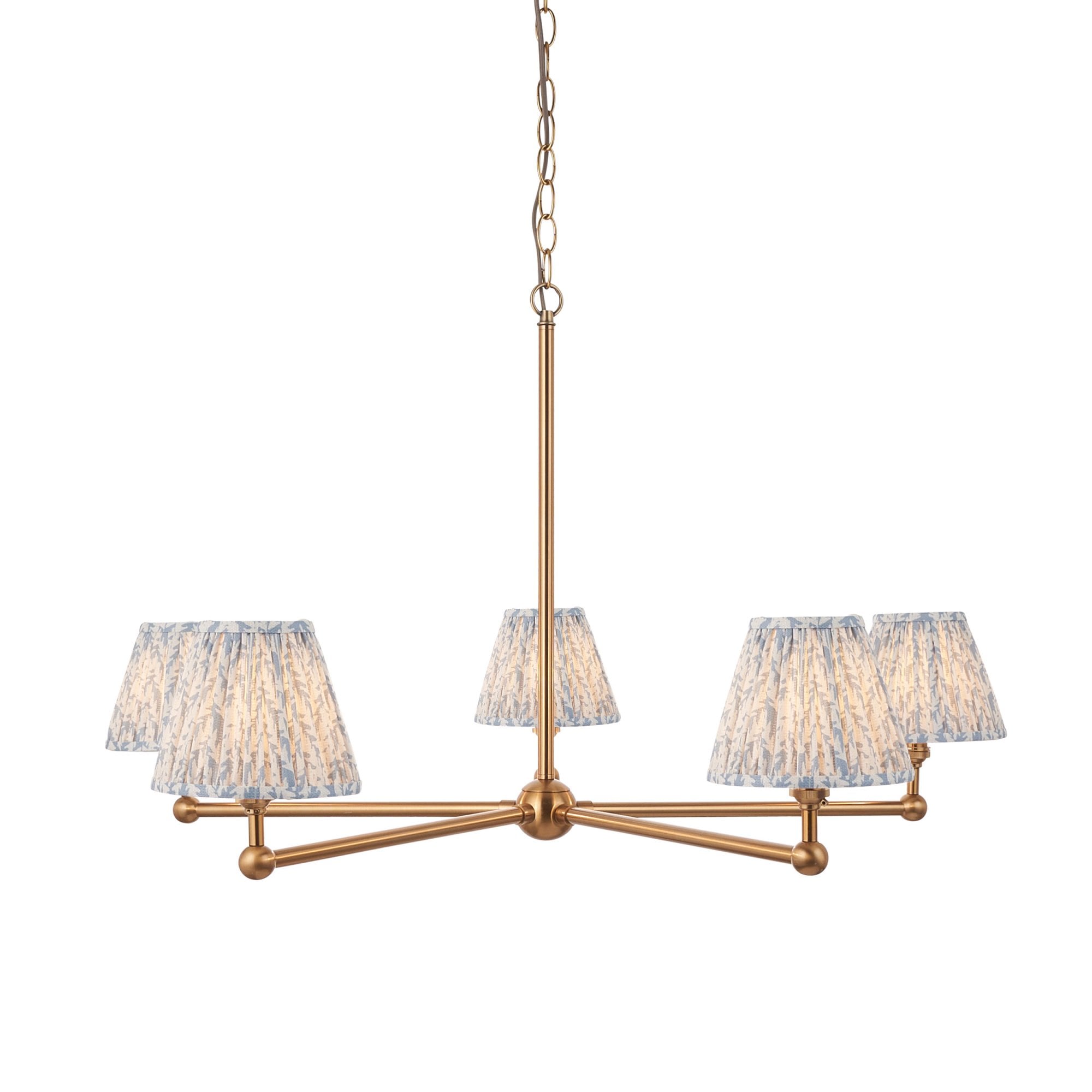 Endon Santiago Brushed Aged Brass 5 Light Pendant & Leaf 16cm Shell Bay Blue Shade