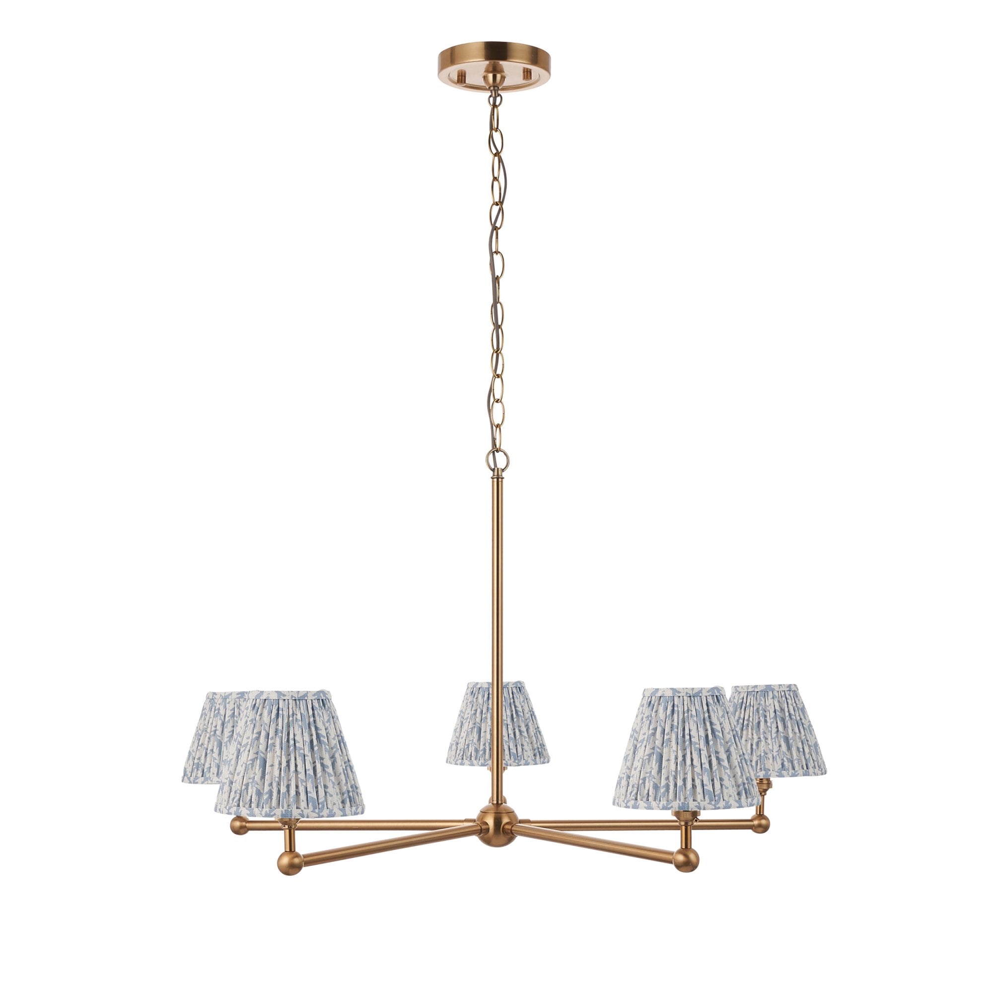 Endon Santiago Brushed Aged Brass 5 Light Pendant & Leaf 16cm Shell Bay Blue Shade