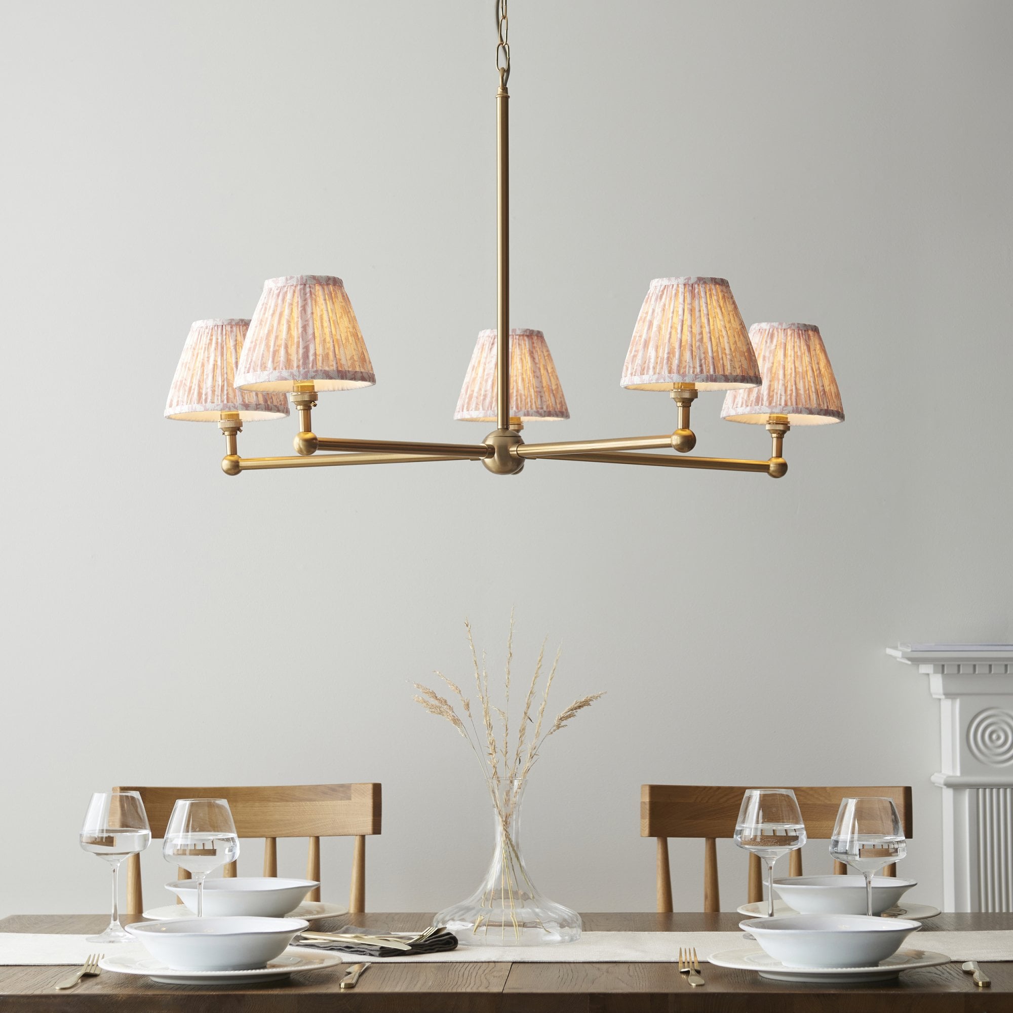 Endon Santiago Brushed Aged Brass 5 Light Pendant & Leaf 16cm Peachy Keen Shade