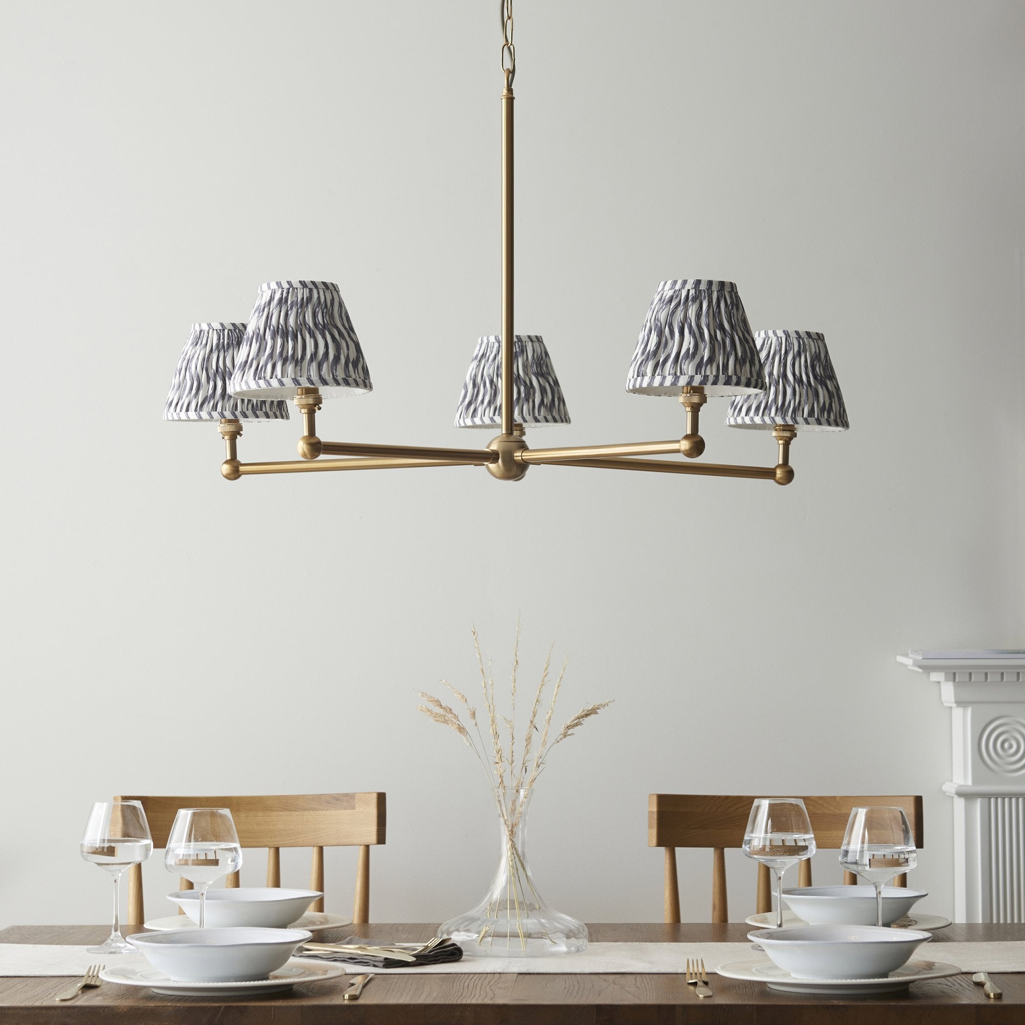 Endon Santiago Brushed Aged Brass 5 Light Pendant & Ripple 16cm Pearl Grey Shade