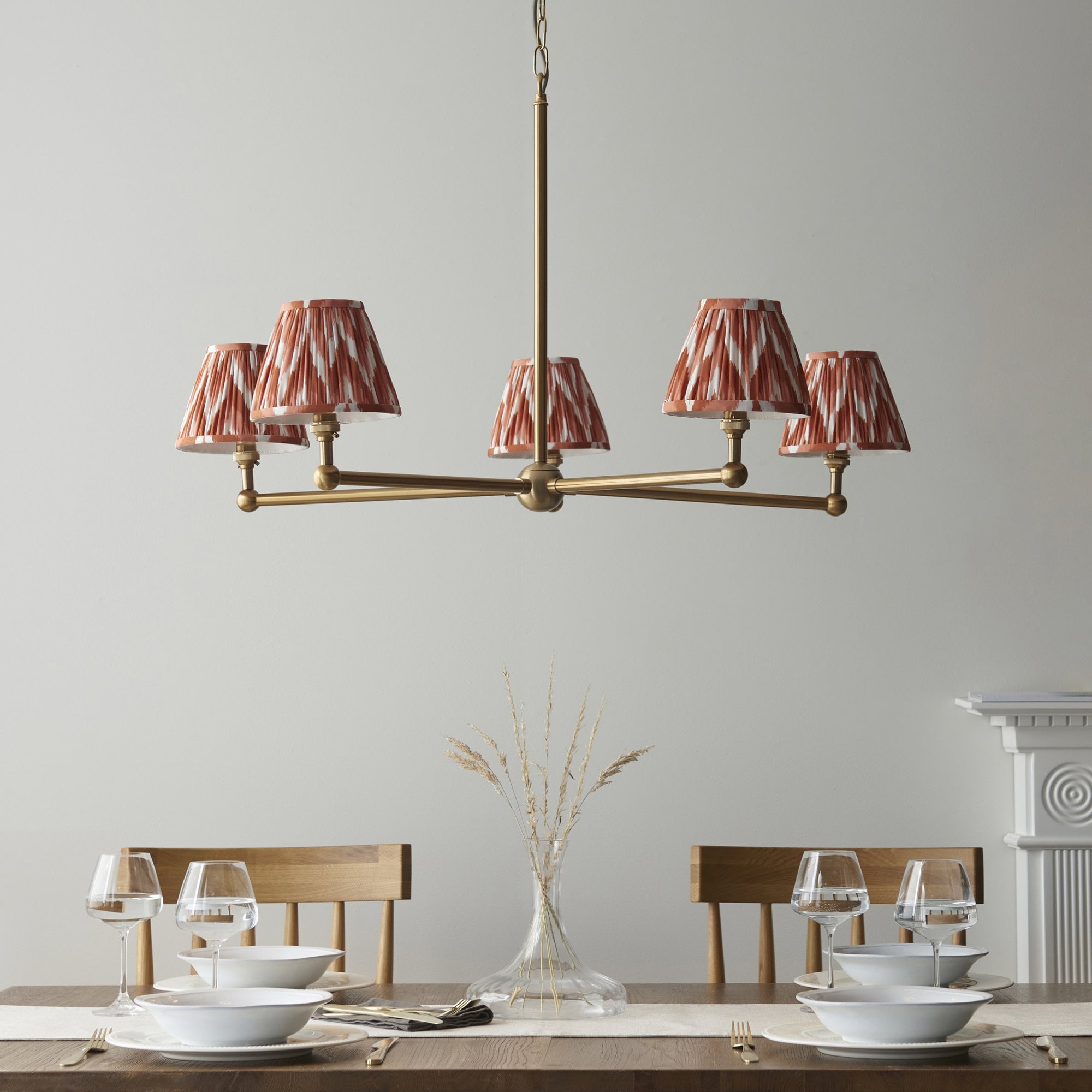Endon Santiago Brushed Aged Brass 5 Light Pendant & Zigzag 16cm Apricot Orange Shade
