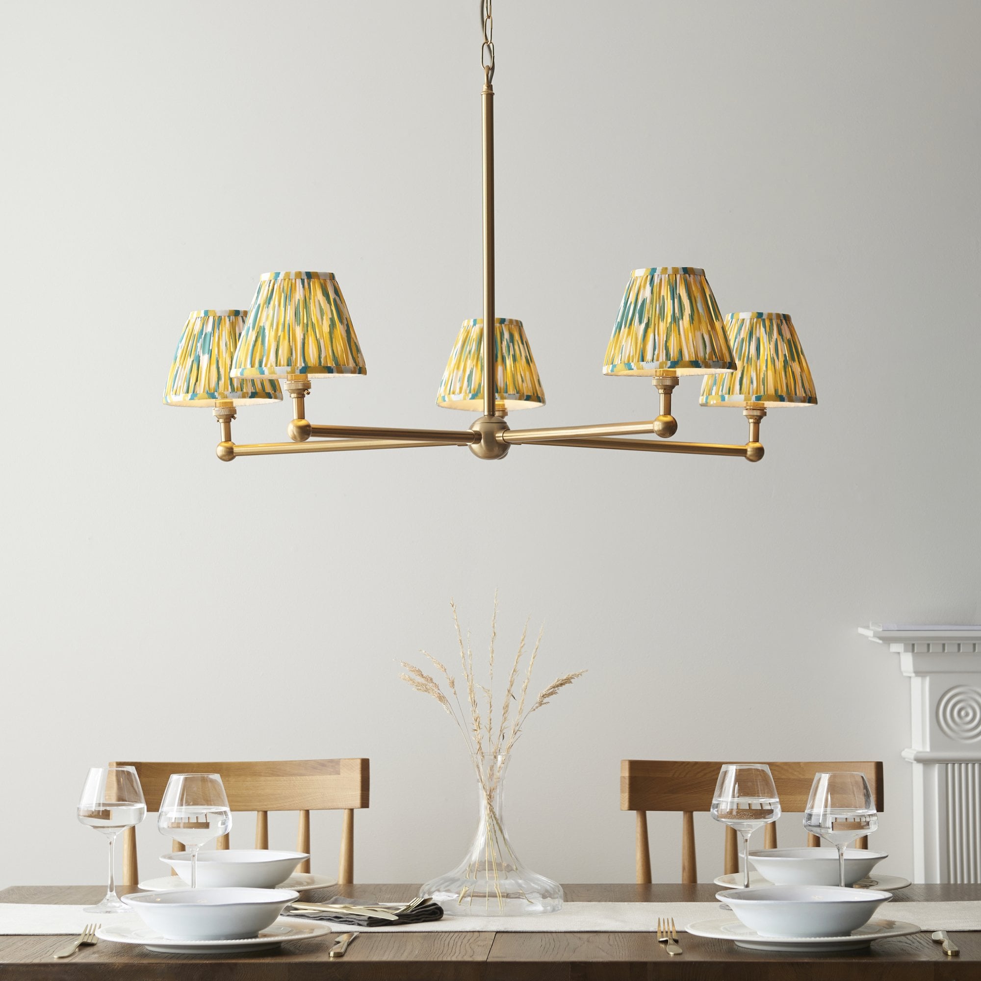 Endon Santiago Brushed Aged Brass 5 Light Pendant & Ikat 16cm Yellow & Jade Shade