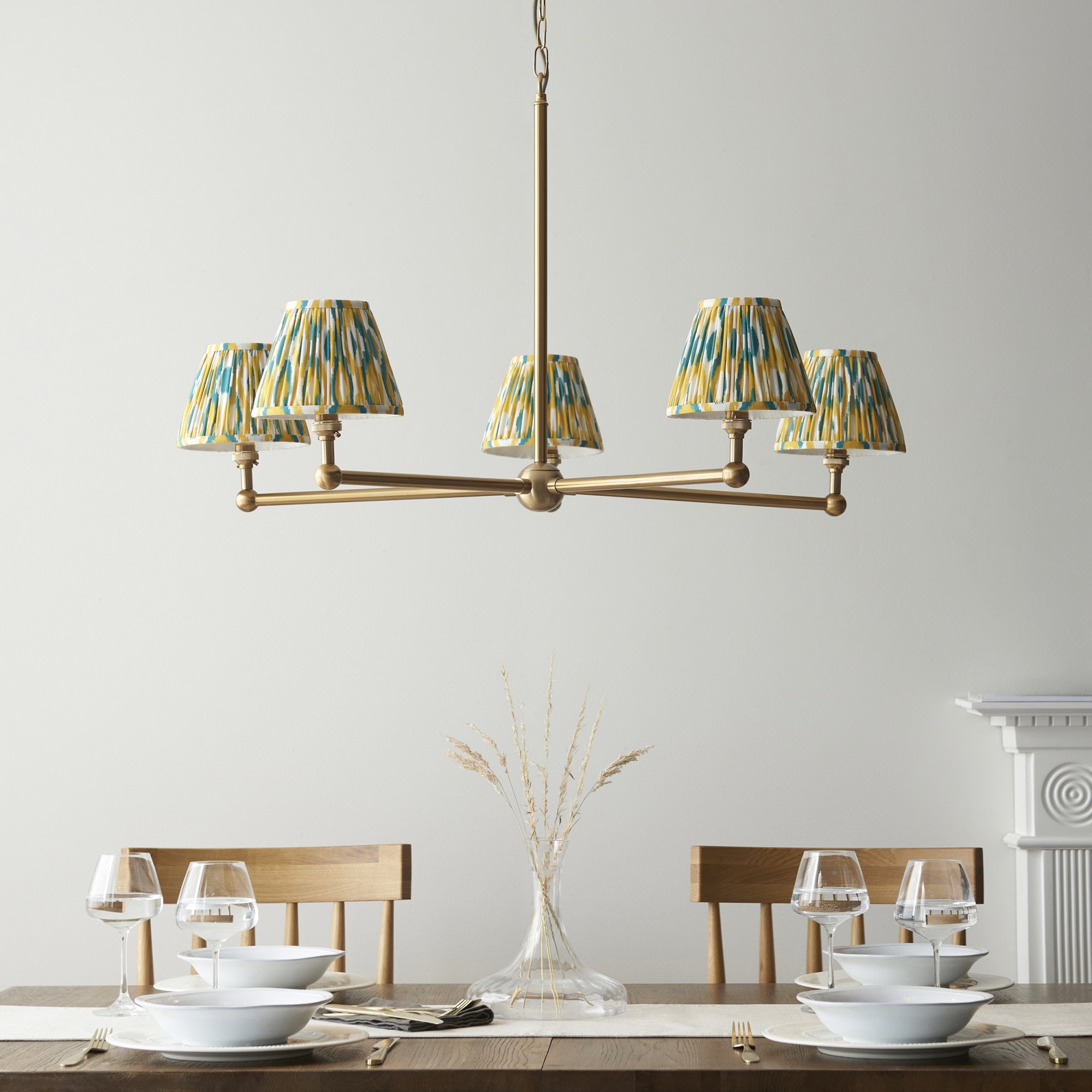 Endon Santiago Brushed Aged Brass 5 Light Pendant & Ikat 16cm Yellow & Jade Shade