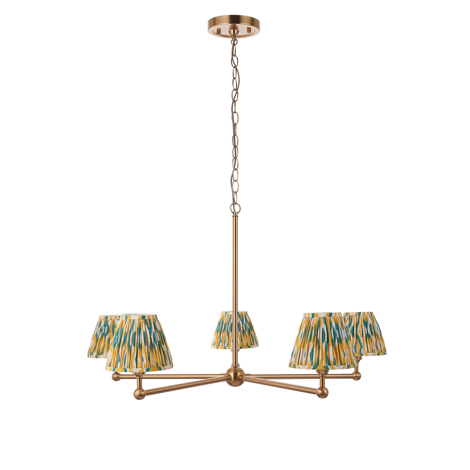 Endon Santiago Brushed Aged Brass 5 Light Pendant & Ikat 16cm Yellow & Jade Shade