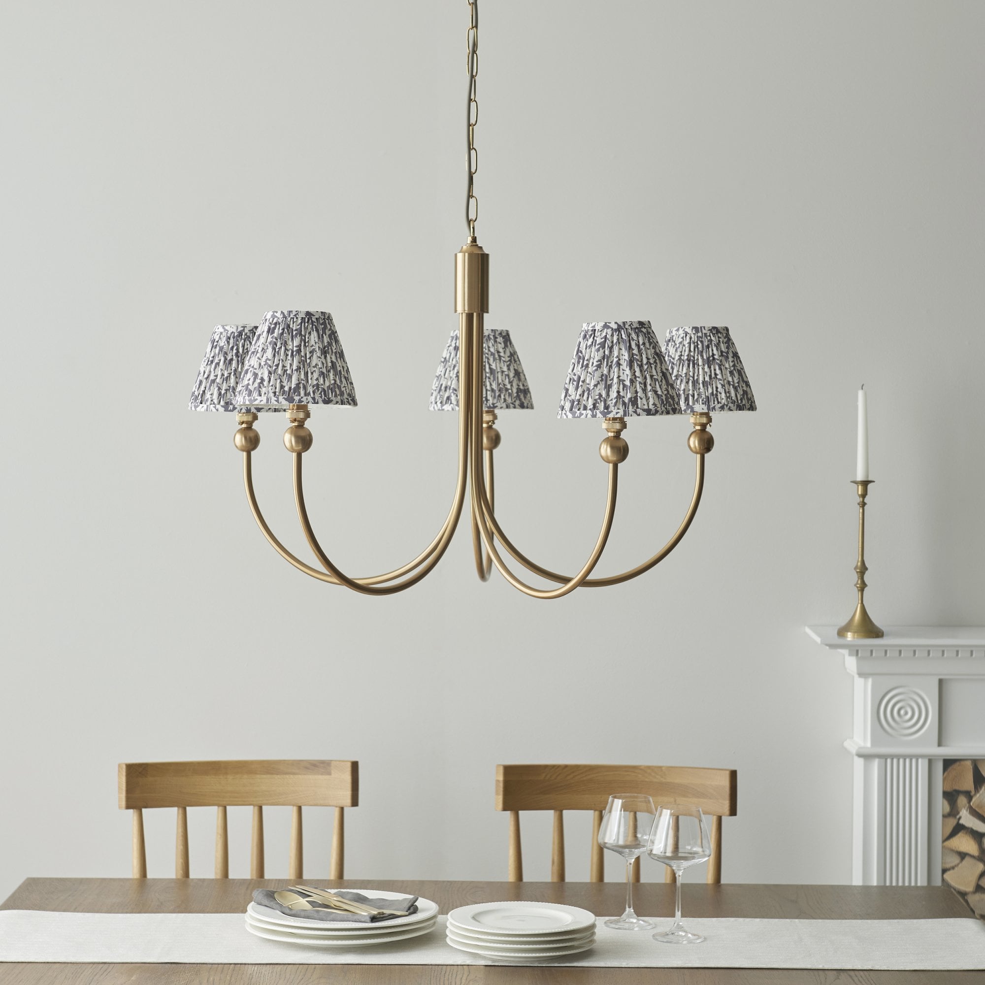 Endon Santiago Curved Brushed Aged Brass 5 Light Pendant & Leaf 16cm Pearl Grey Shade