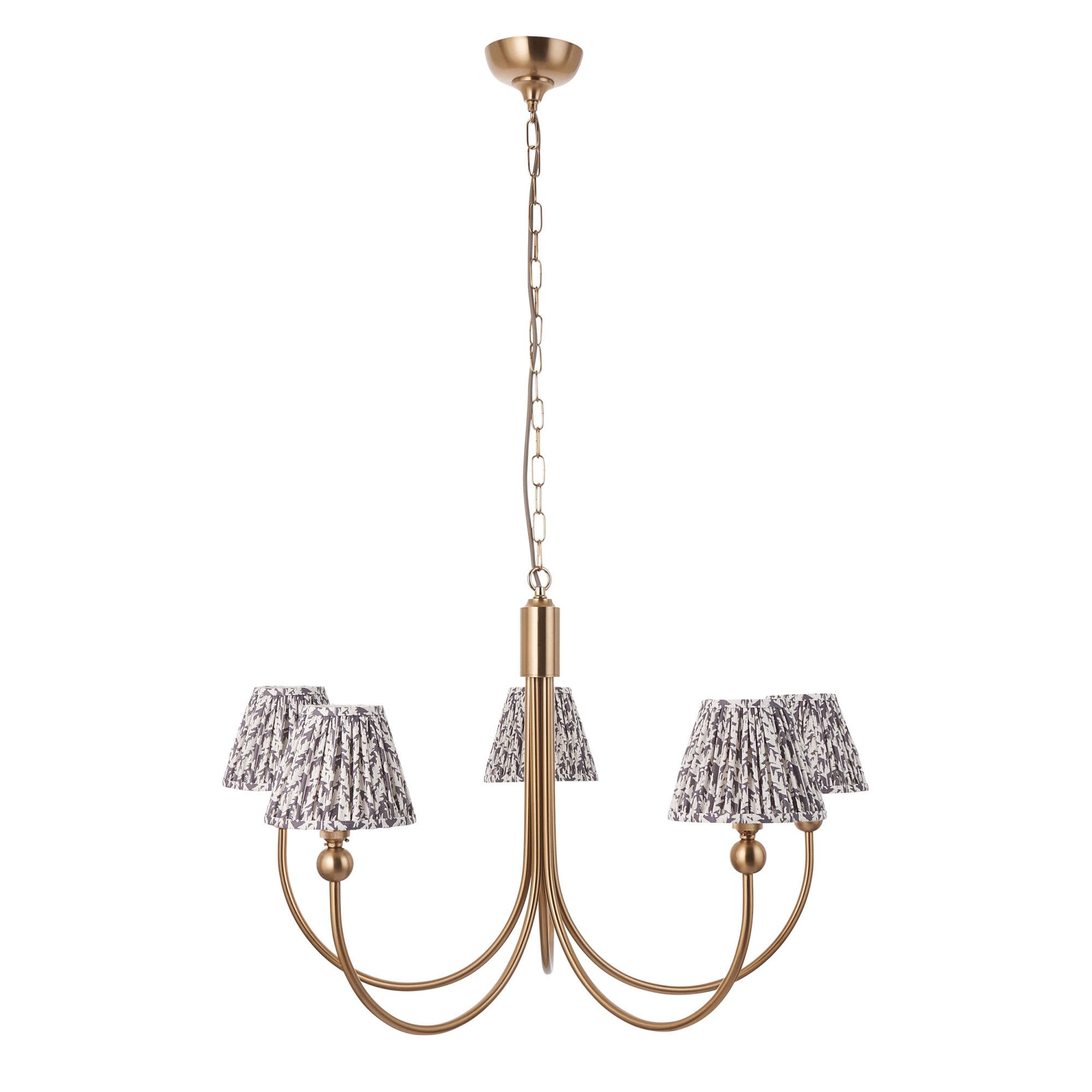 Endon Santiago Curved Brushed Aged Brass 5 Light Pendant & Leaf 16cm Pearl Grey Shade