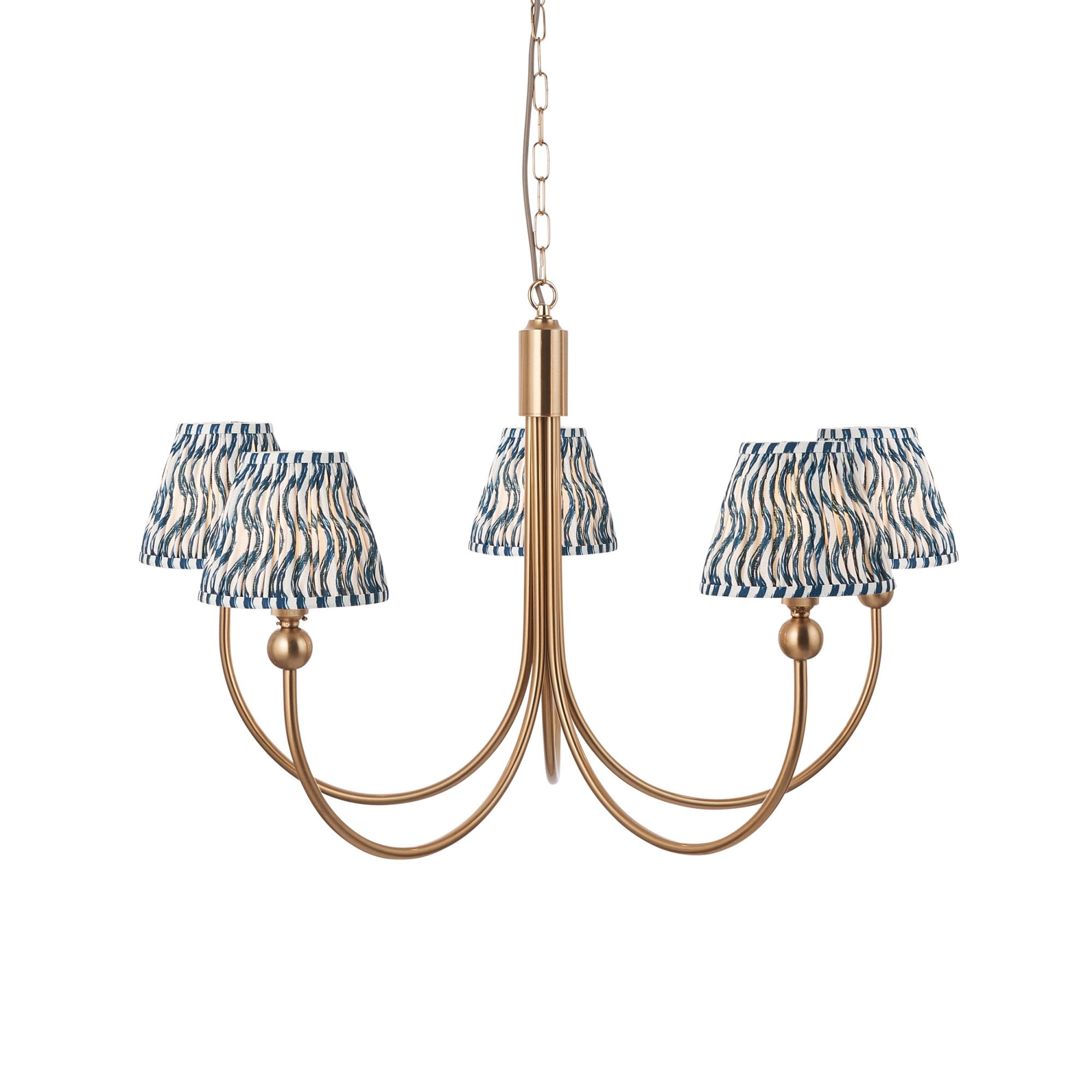 Endon Santiago Curved Brushed Aged Brass 5 Light Pendant & Ripple 16cm Marlin Blue Shade
