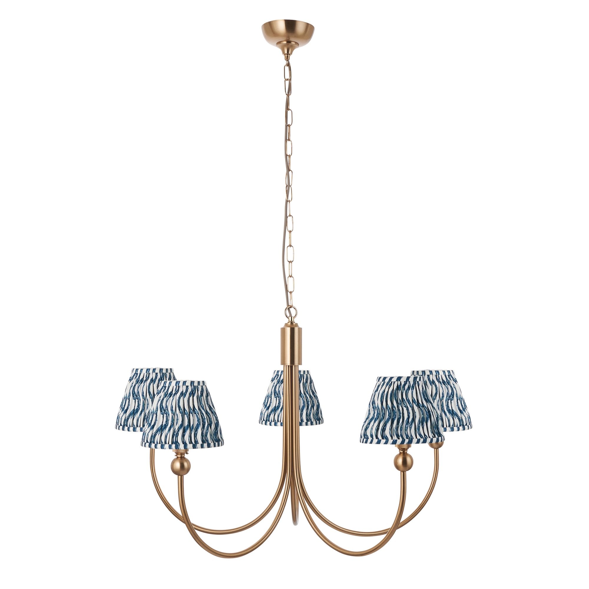 Endon Santiago Curved Brushed Aged Brass 5 Light Pendant & Ripple 16cm Marlin Blue Shade
