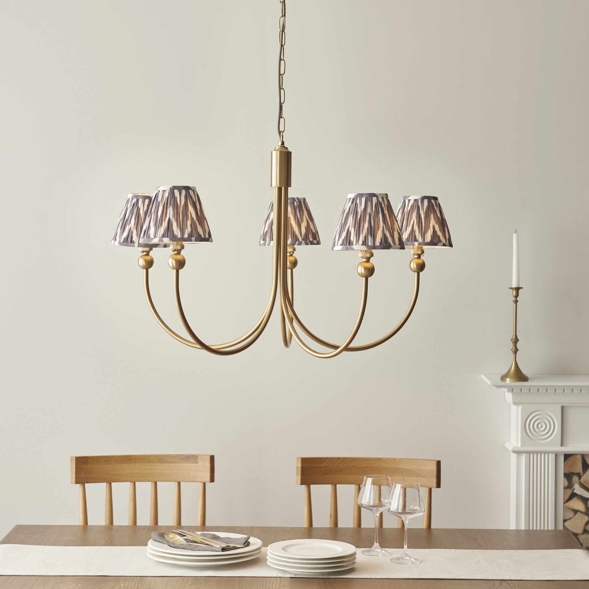 Endon Santiago Curved Brushed Aged Brass 5 Light Pendant & Zigzag 16cm Pearl Grey Shade
