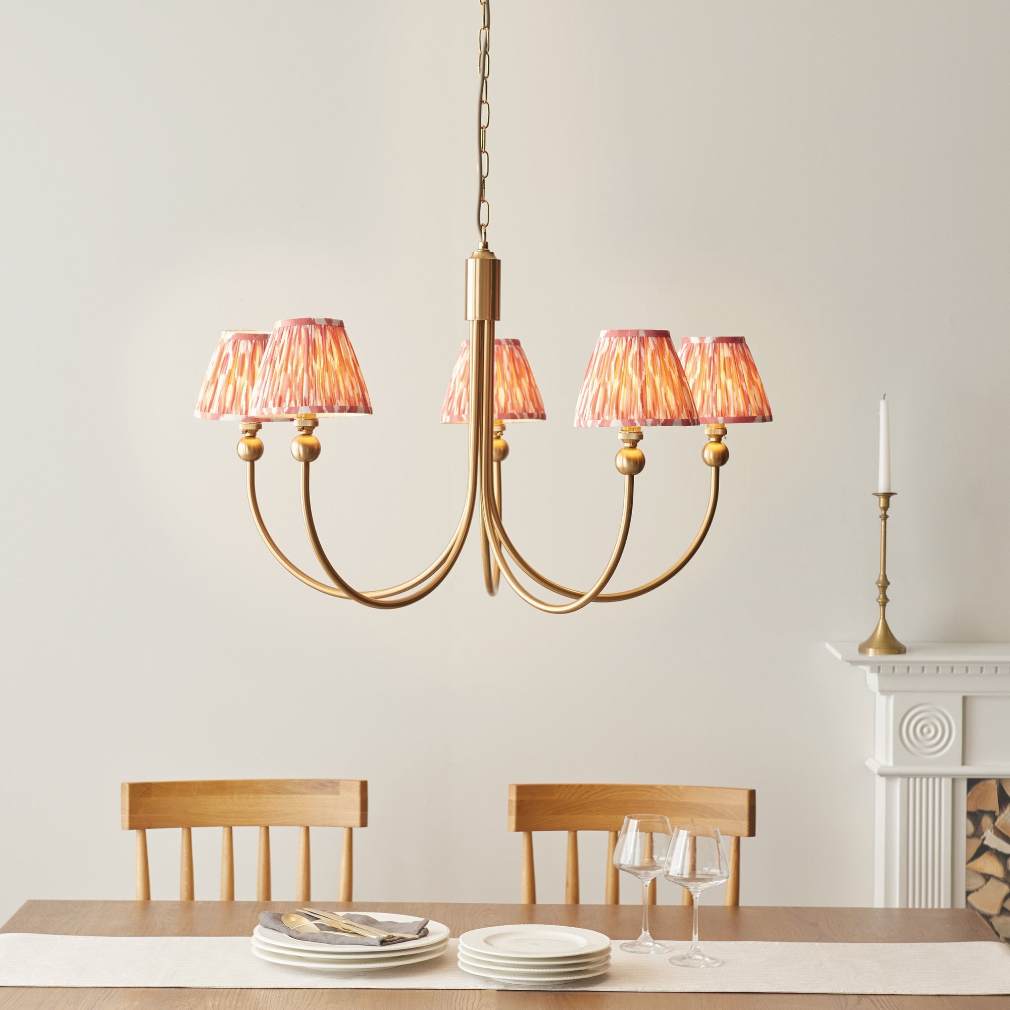 Endon Santiago Curved Brushed Aged Brass 5 Light Pendant & Ikat 16cm Coral Pink Shade