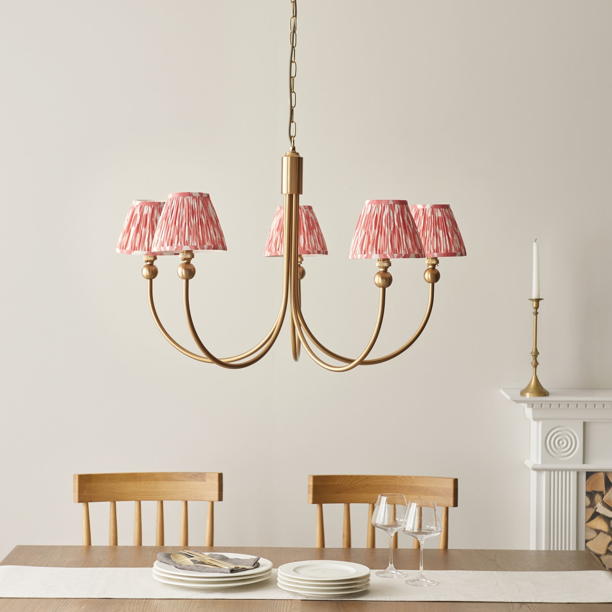 Endon Santiago Curved Brushed Aged Brass 5 Light Pendant & Ikat 16cm Coral Pink Shade