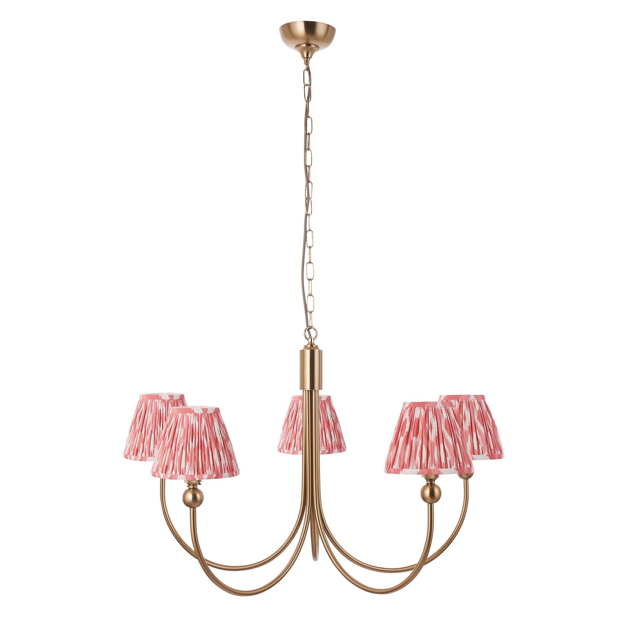 Endon Santiago Curved Brushed Aged Brass 5 Light Pendant & Ikat 16cm Coral Pink Shade