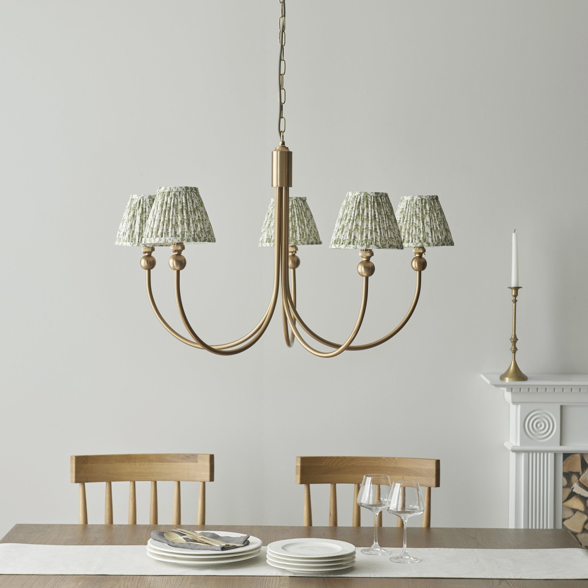 Endon Santiago Curved Brushed Aged Brass 5 Light Pendant & Leaf 16cm Herb Garden Green Shade