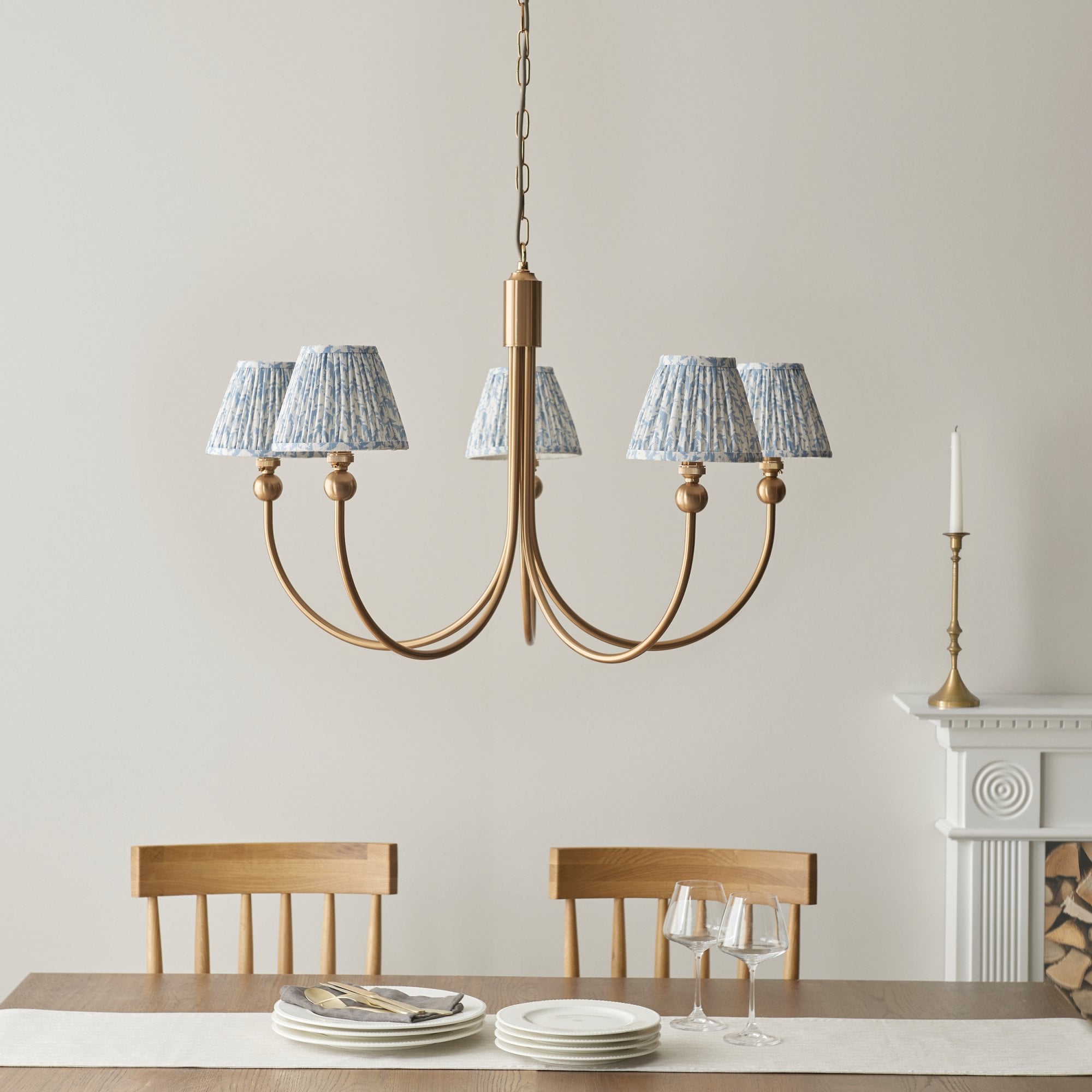 Endon Santiago Curved Brushed Aged Brass 5 Light Pendant & Leaf 16cm Shell Bay Blue Shade