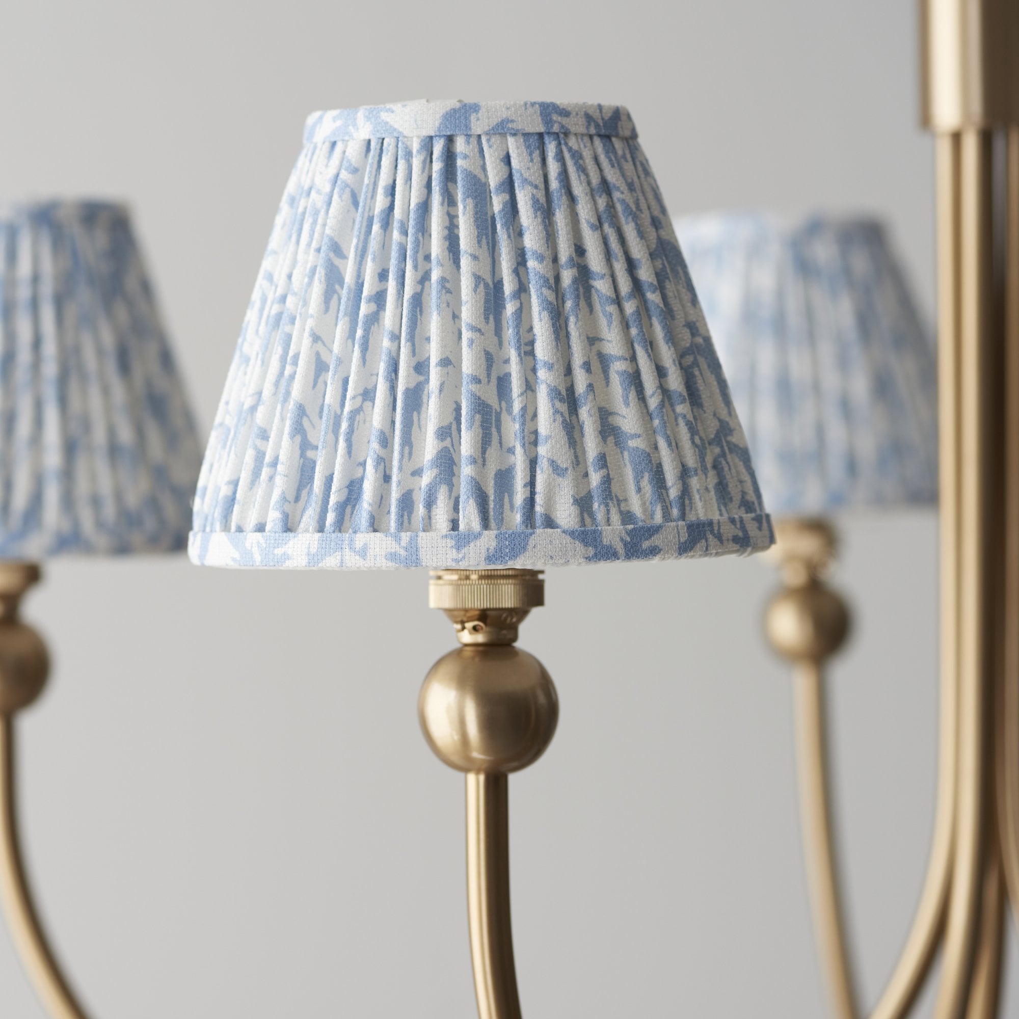 Endon Santiago Curved Brushed Aged Brass 5 Light Pendant & Leaf 16cm Shell Bay Blue Shade