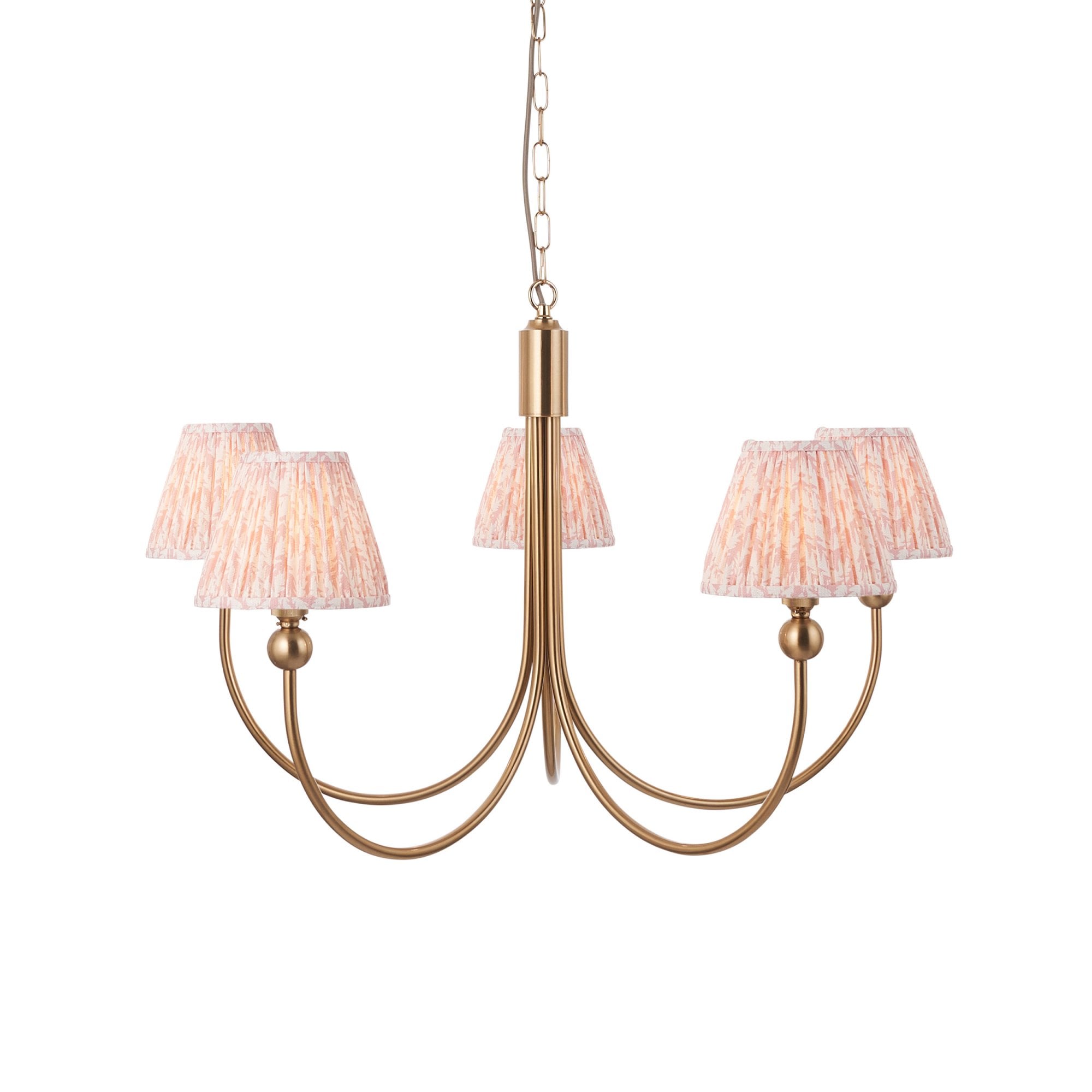 Endon Santiago Curved Brushed Aged Brass 5 Light Pendant & Leaf 16cm Peachy Keen Shade