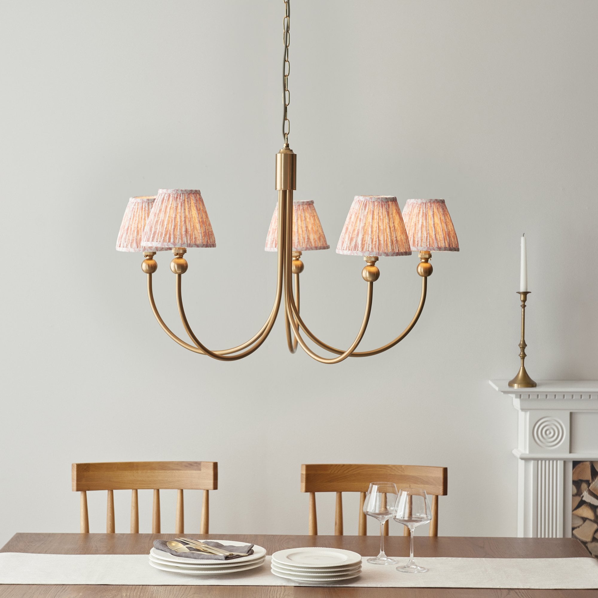 Endon Santiago Curved Brushed Aged Brass 5 Light Pendant & Leaf 16cm Peachy Keen Shade