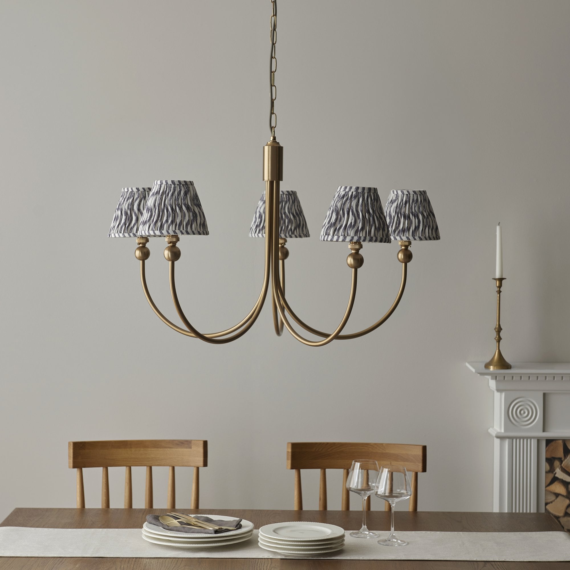 Endon Santiago Curved Brushed Aged Brass 5 Light Pendant & Ripple 16cm Pearl Grey Shade