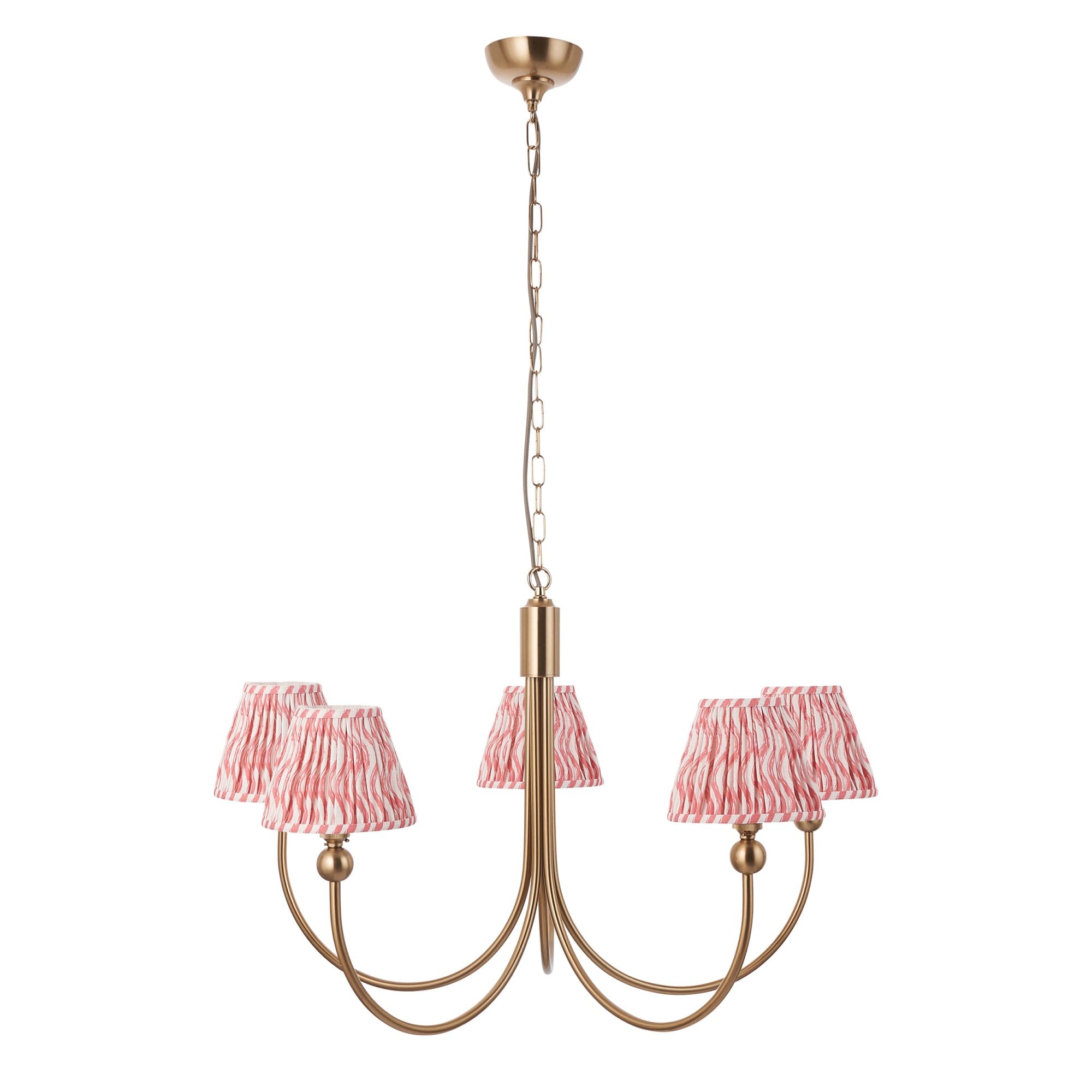 Endon Santiago Curved Brushed Aged Brass 5 Light Pendant & Ripple 16cm Coral Pink Shade
