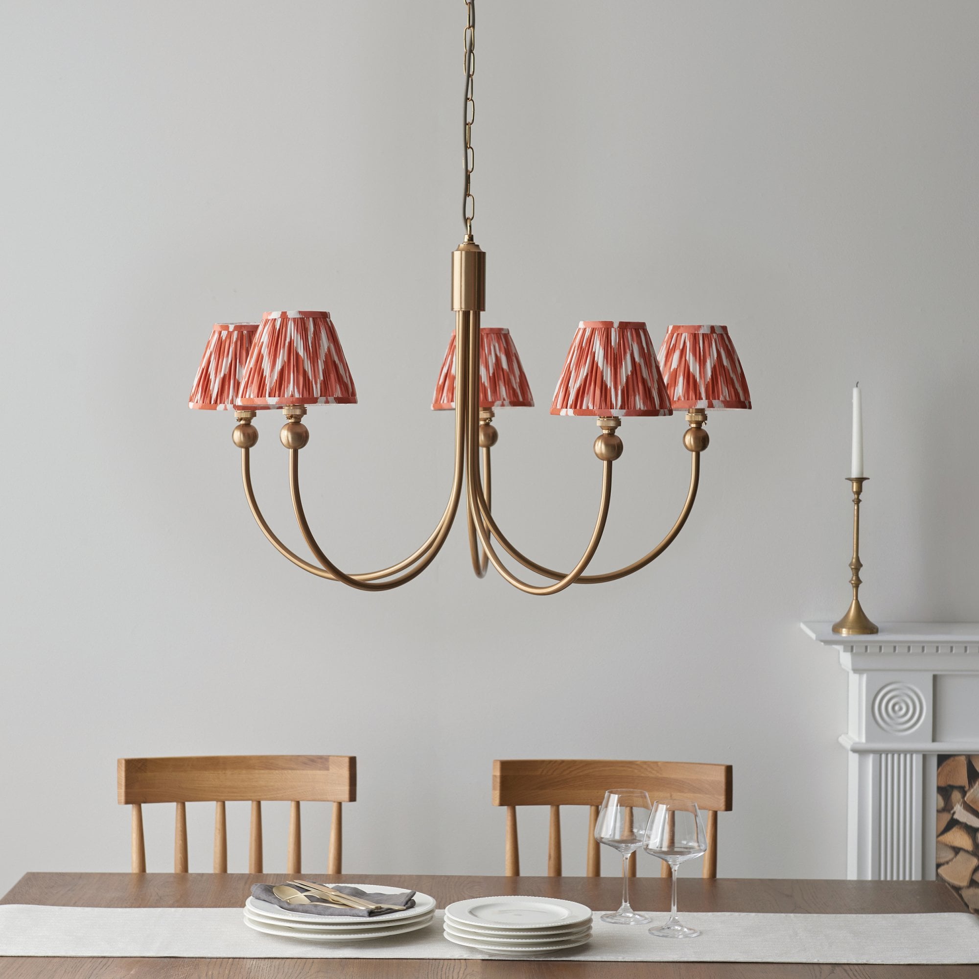 Endon Santiago Curved Brushed Aged Brass 5 Light Pendant & Zigzag 16cm Apricot Orange Shade