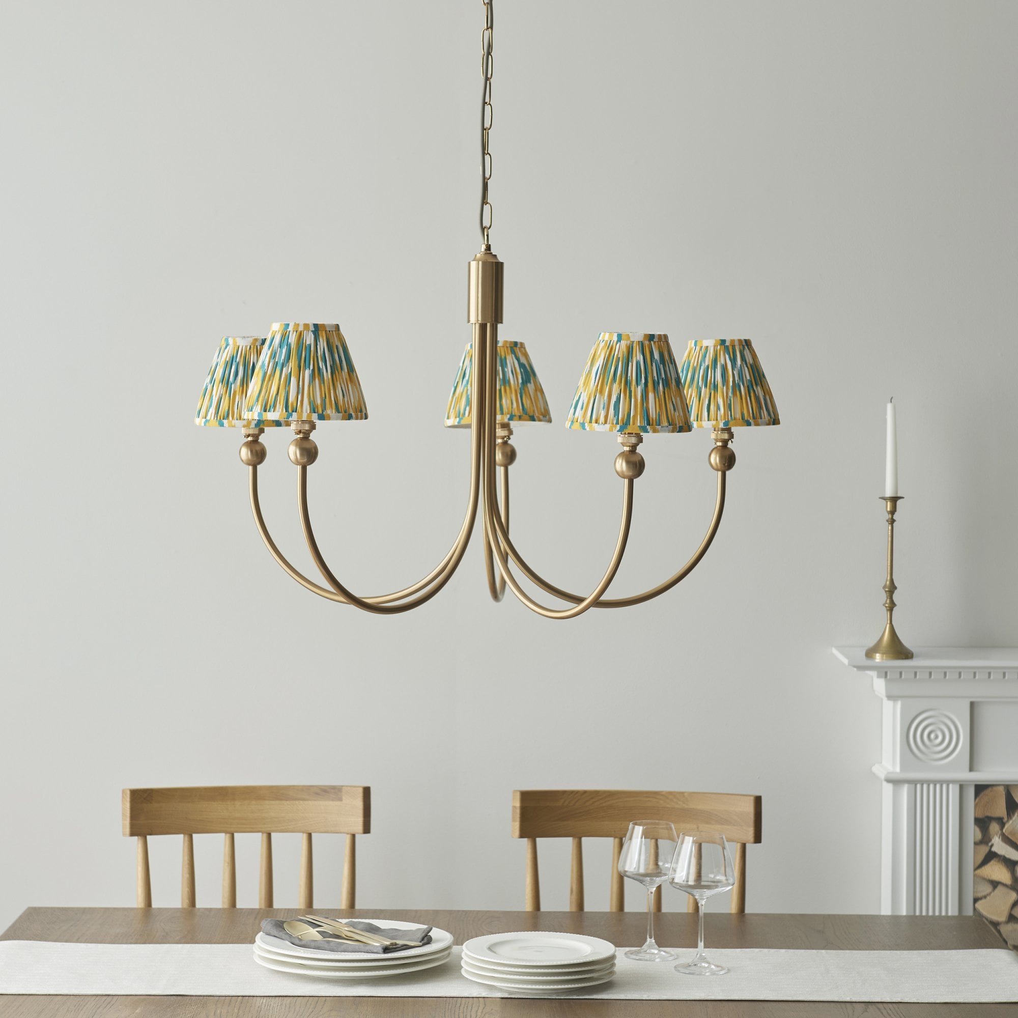 Endon Santiago Curved Brushed Aged Brass 5 Light Pendant & Ikat 16cm Yellow & Jade Shade