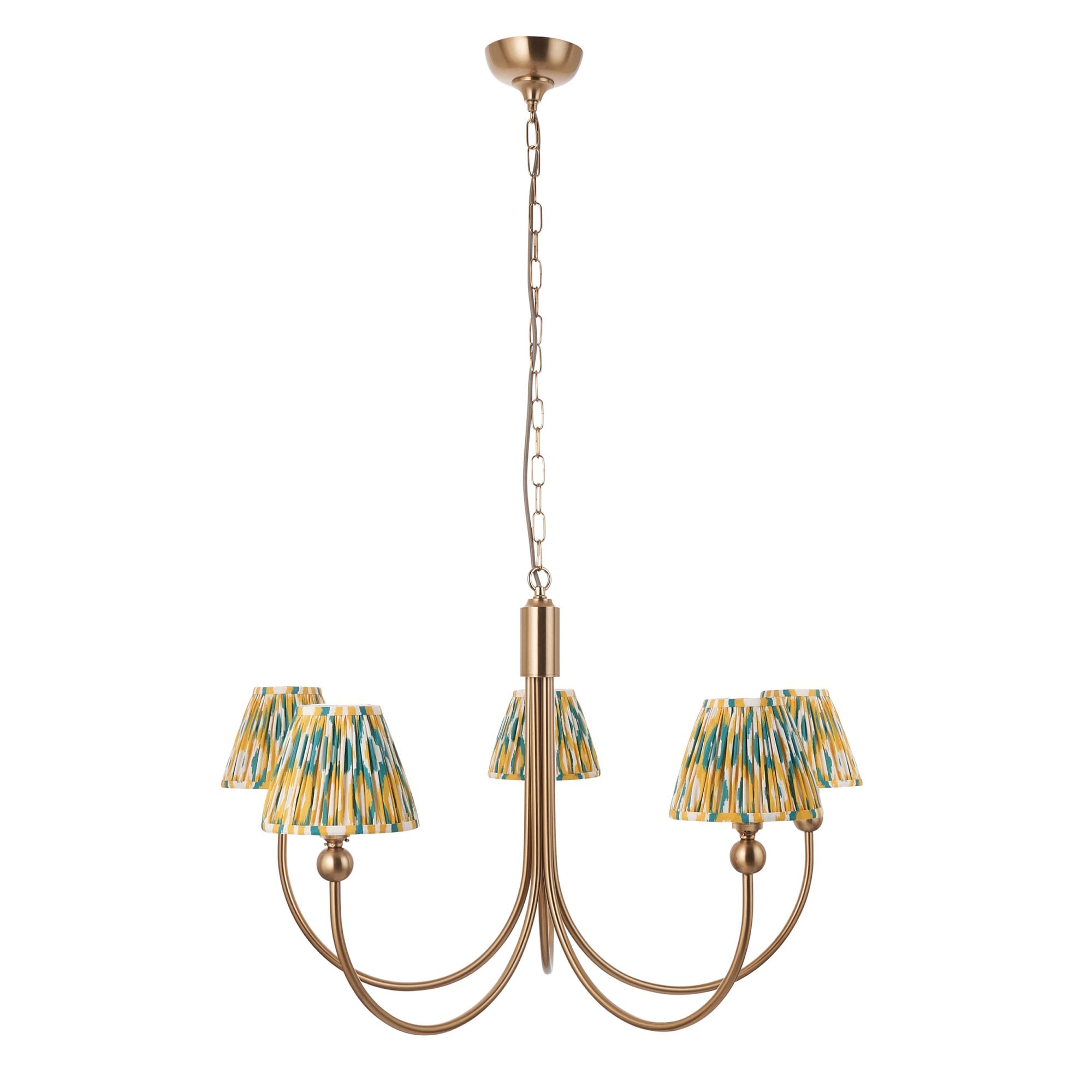 Endon Santiago Curved Brushed Aged Brass 5 Light Pendant & Ikat 16cm Yellow & Jade Shade