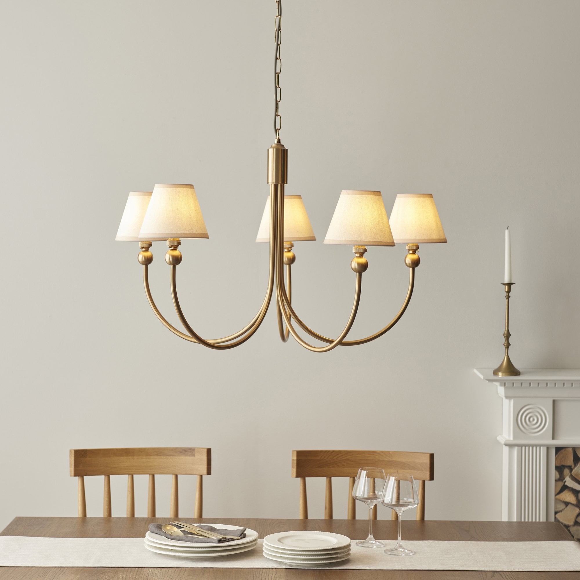 Endon Santiago Curved Brushed Aged Brass 5 Light Pendant & Ivy 16cm Vintage White Shade