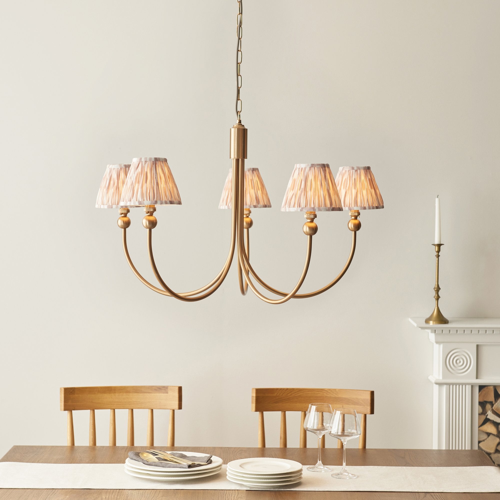 Endon Santiago Curved Brushed Aged Brass 5 Light Pendant & Ikat 16cm Neutral Shade