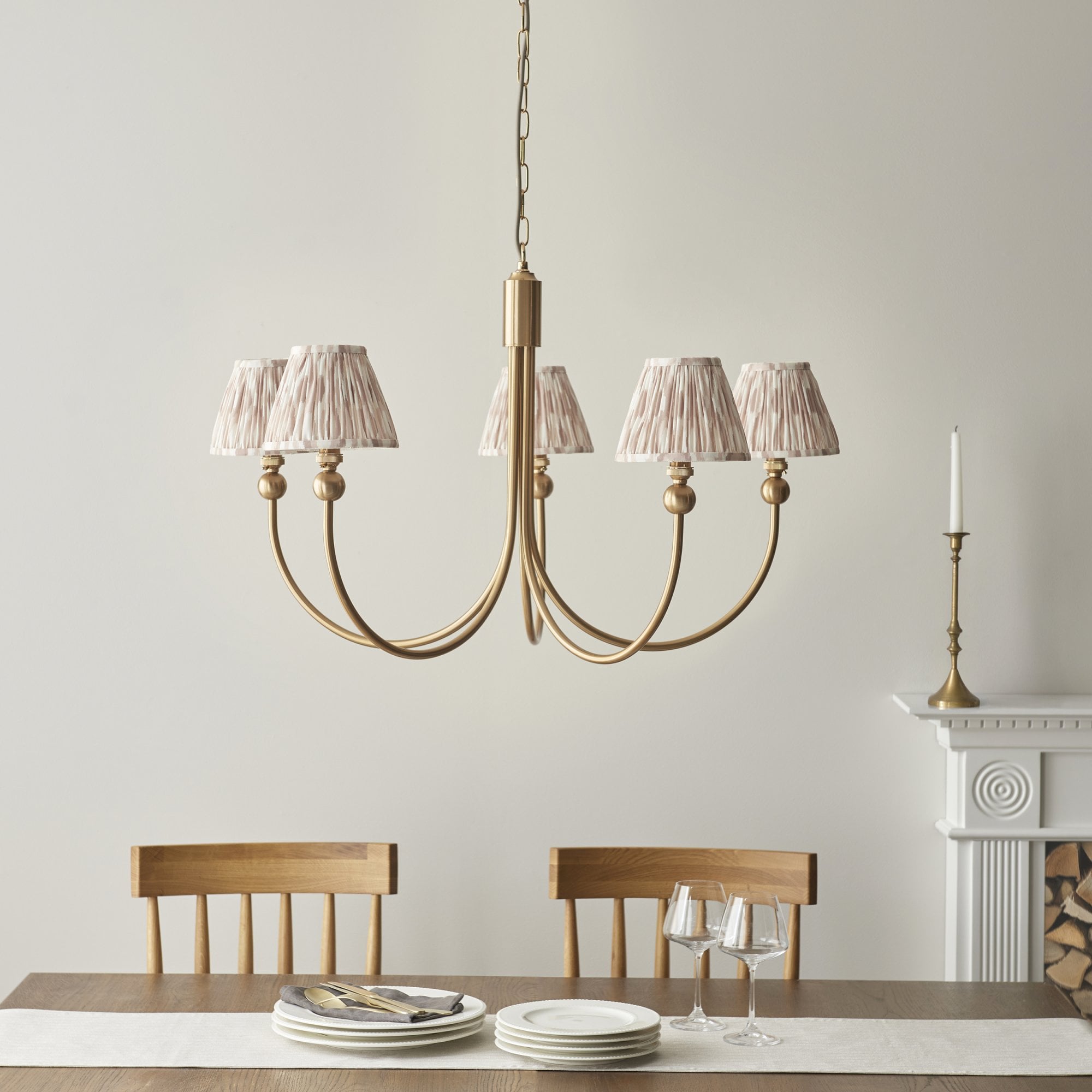 Endon Santiago Curved Brushed Aged Brass 5 Light Pendant & Ikat 16cm Neutral Shade