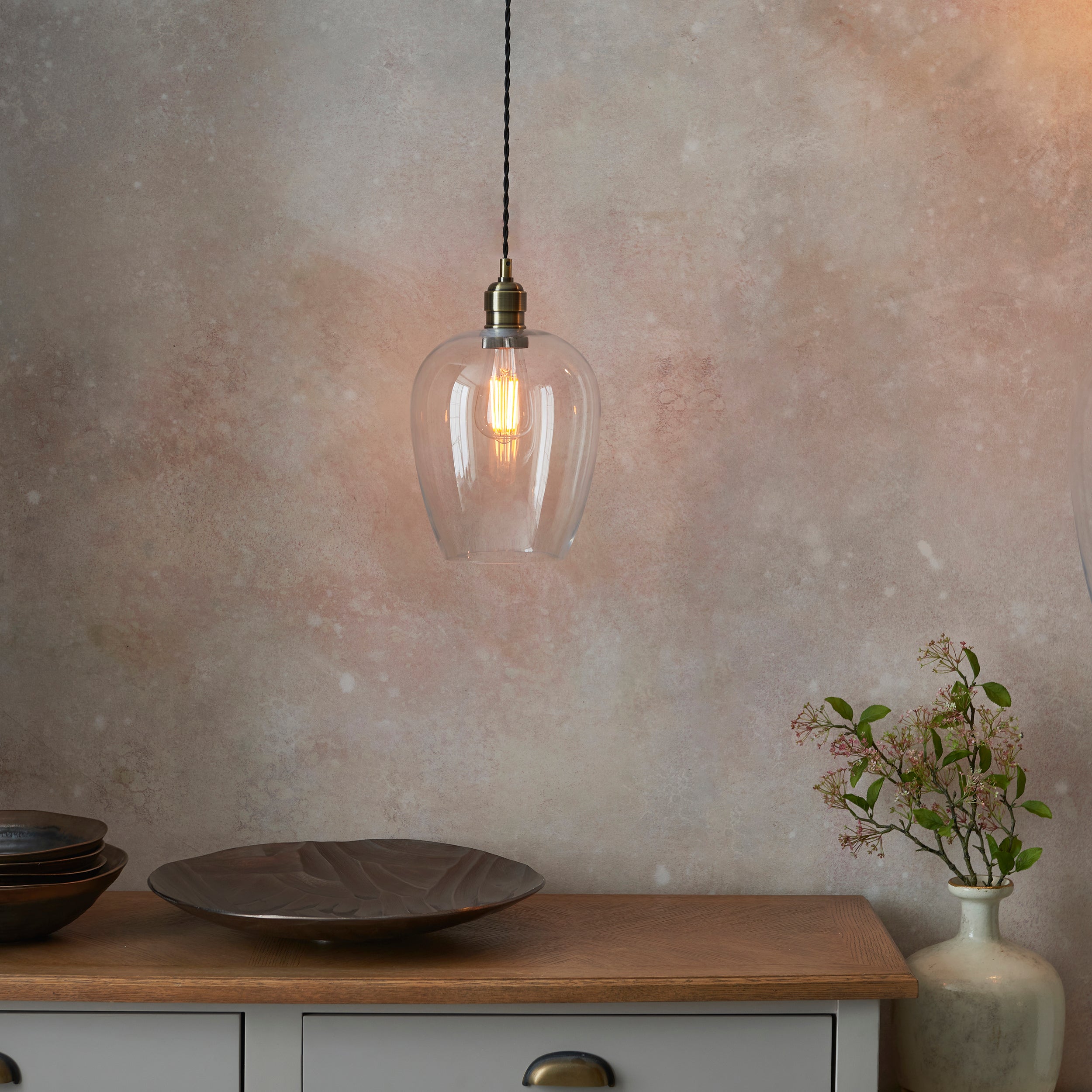 Utopia Walton Single Light Ceiling Pendant - Antique Brass & Clear Glass