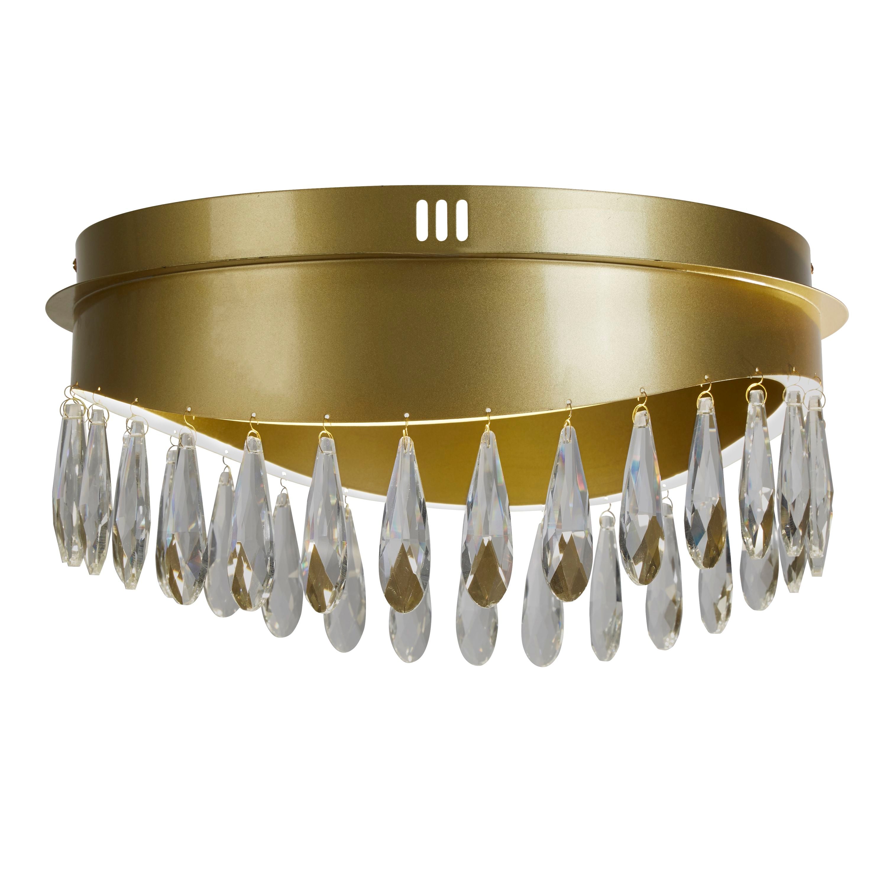 Jewel flush ceiling light in gold with crystal pear drops, view 2
