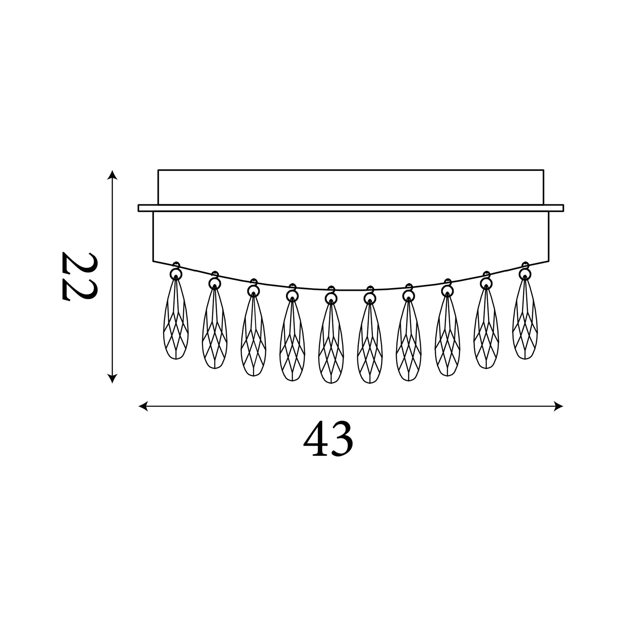 Dimension diagram of the Jewel flush ceiling light, 22cm high and 43cm wide
