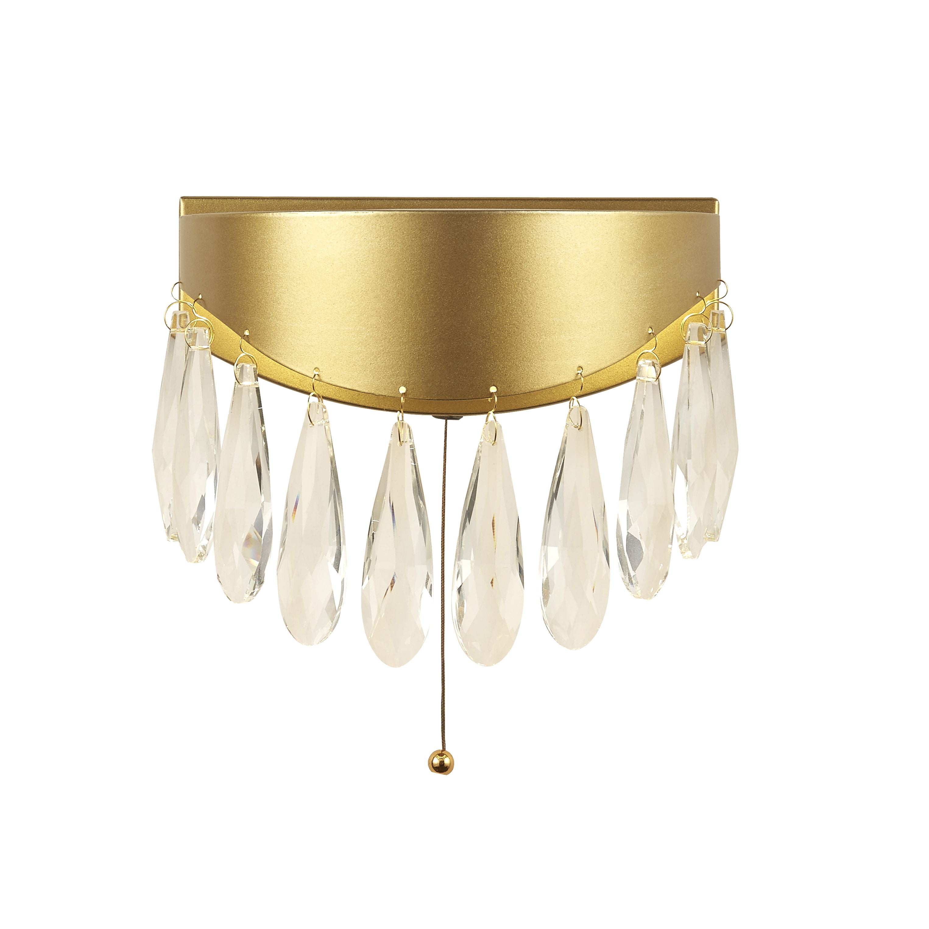 Searchlight Jewel 2 light wall light in gold with crystal pear drops and pull cord switch, studio shot on a white background
