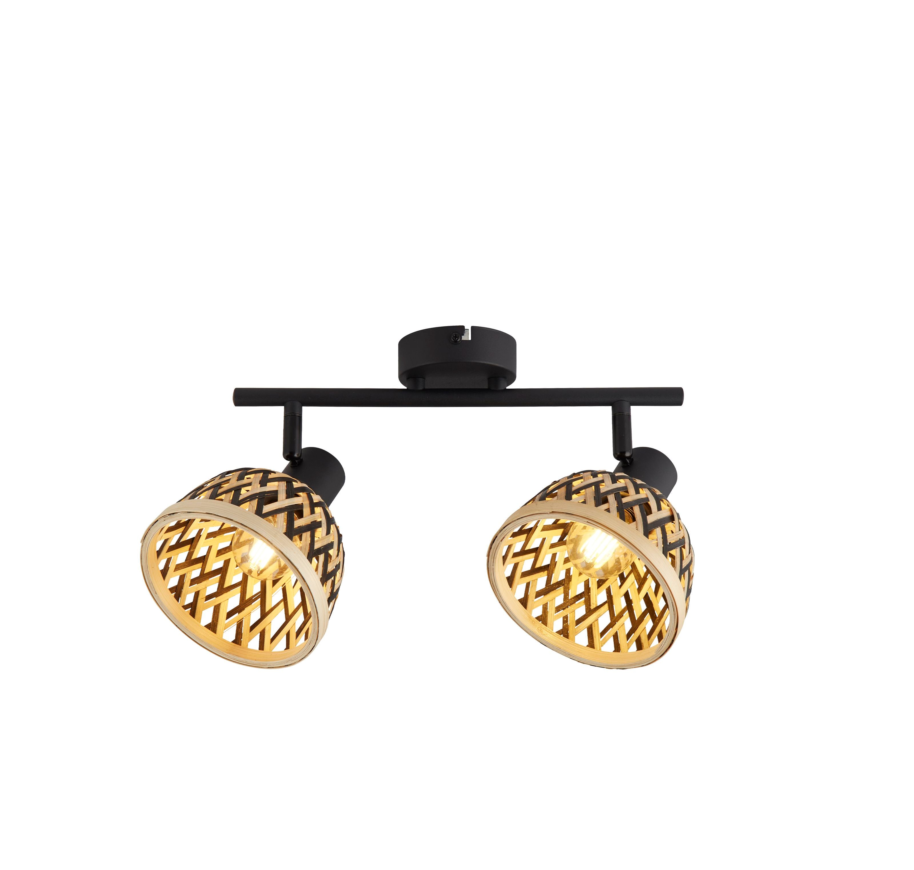 Searchlight Lance 2 light spotlight bar in black with woven bamboo shades, both bulbs lit, studio shot